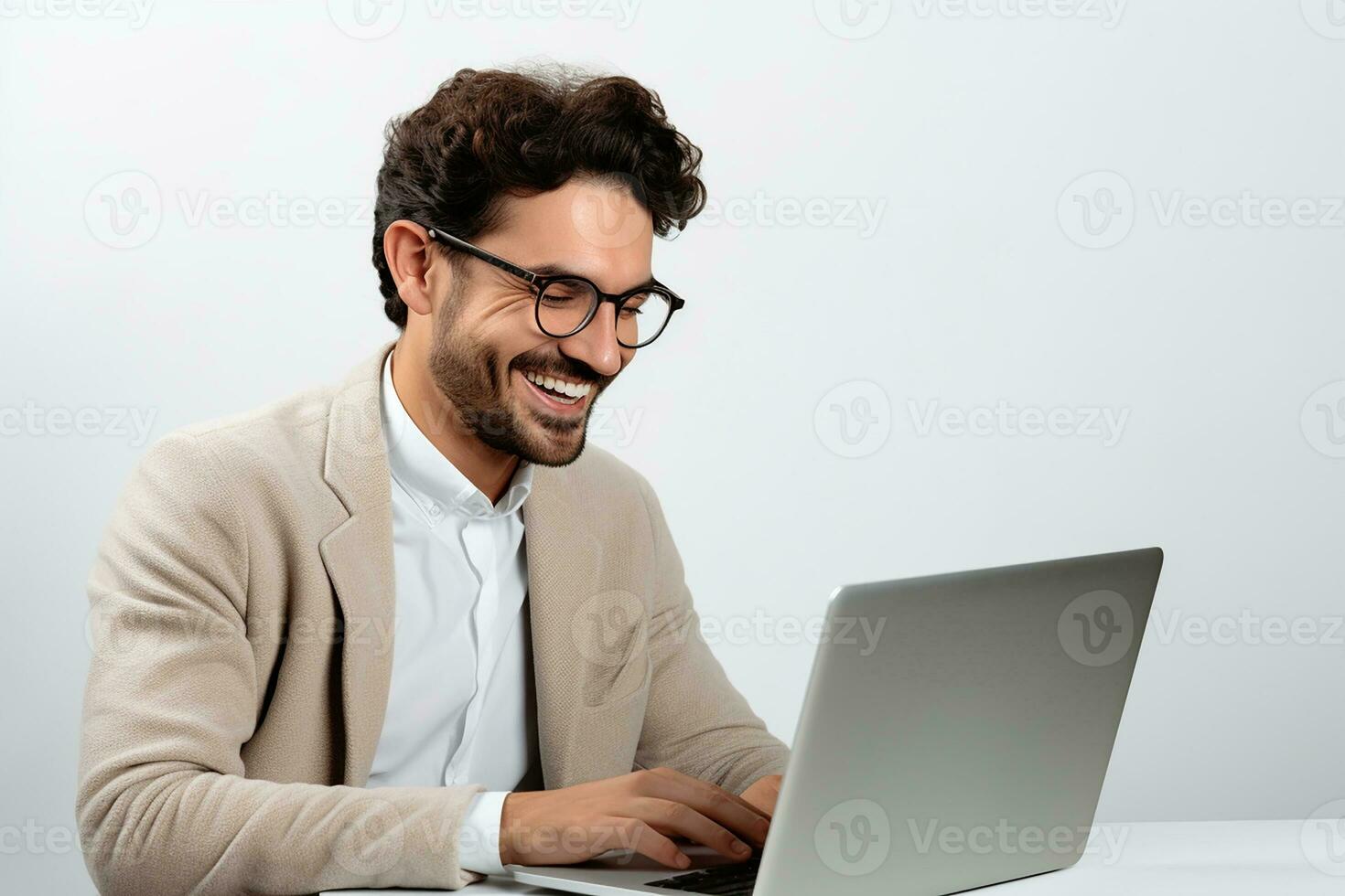 ai gegenereerd jong gelukkig Mens in werking laptop Aan geïsoleerd wit achtergrond foto