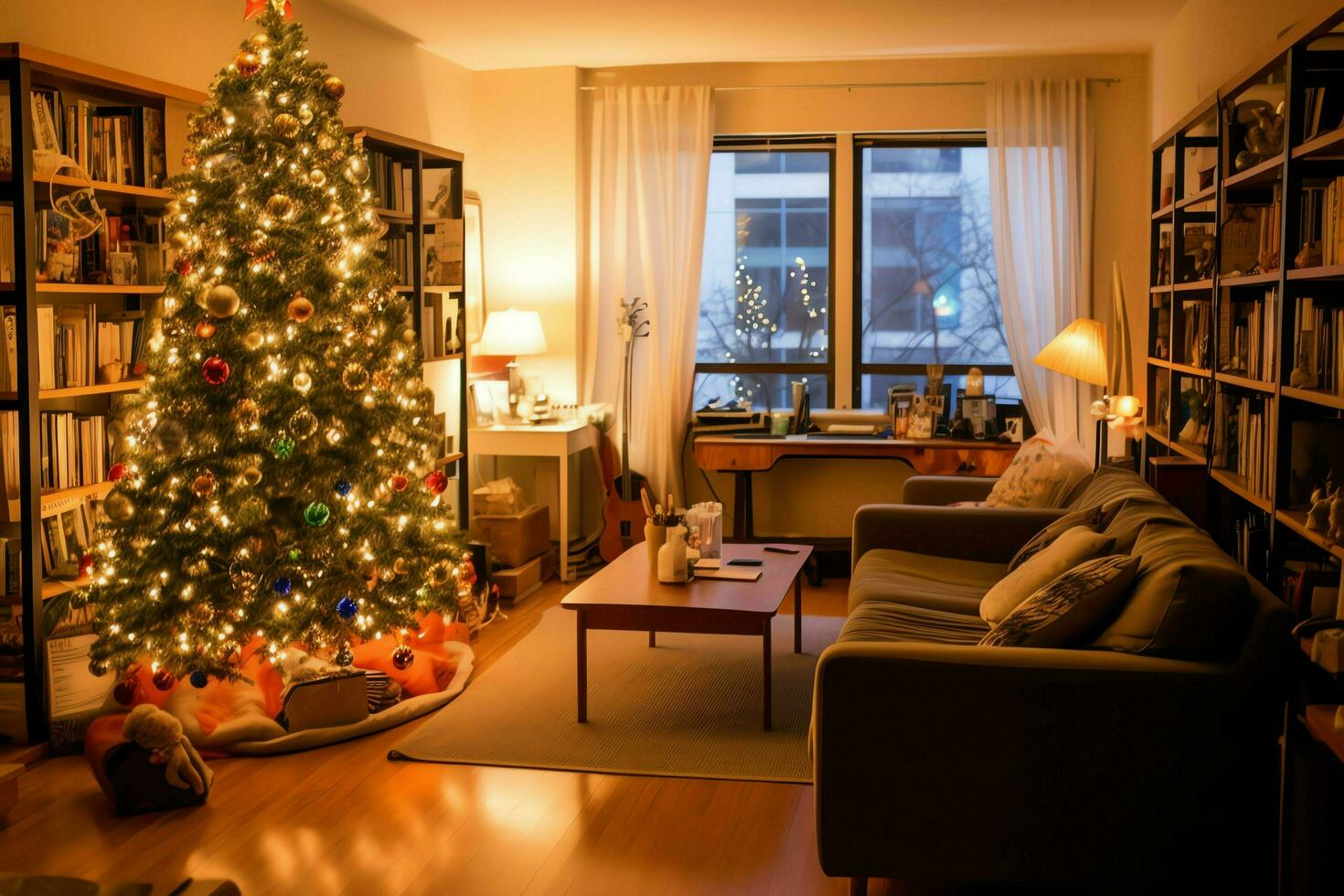 knus leven kamer met mooi Kerstmis boom en rood cadeaus in modern interieur. interieur van leven kamer versierd voor vrolijk Kerstmis met sokken, geschenk dozen en Kerstmis accessoires door ai gegenereerd foto