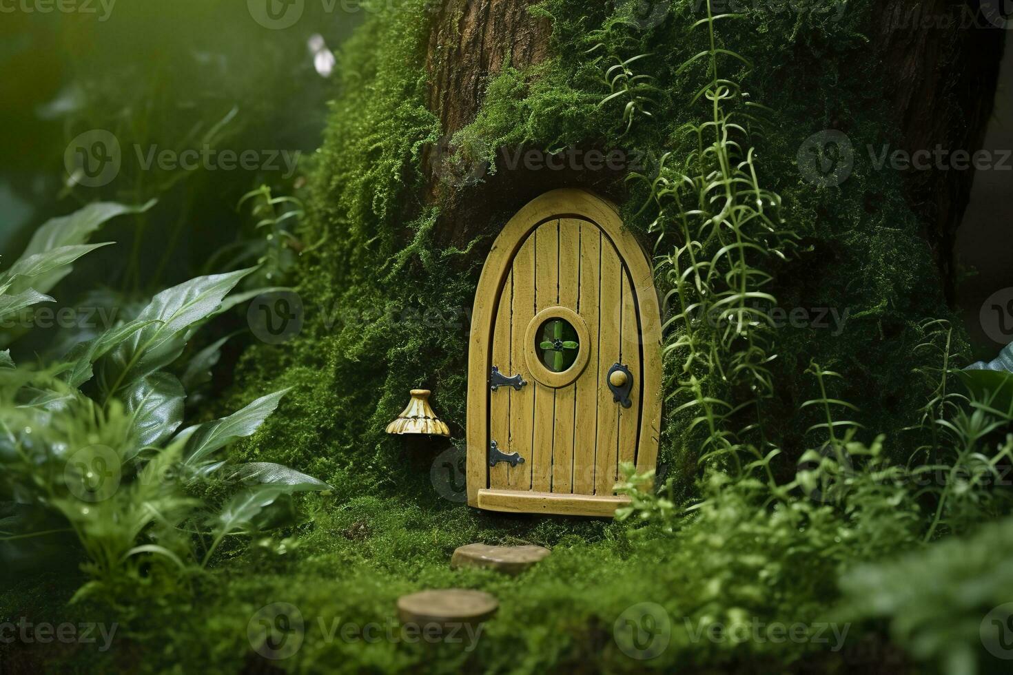 ai gegenereerd weinig magie houten fee deuren en planten vertrekken Aan een bemost natuurlijk groen achtergrond. ai gegenereerd foto