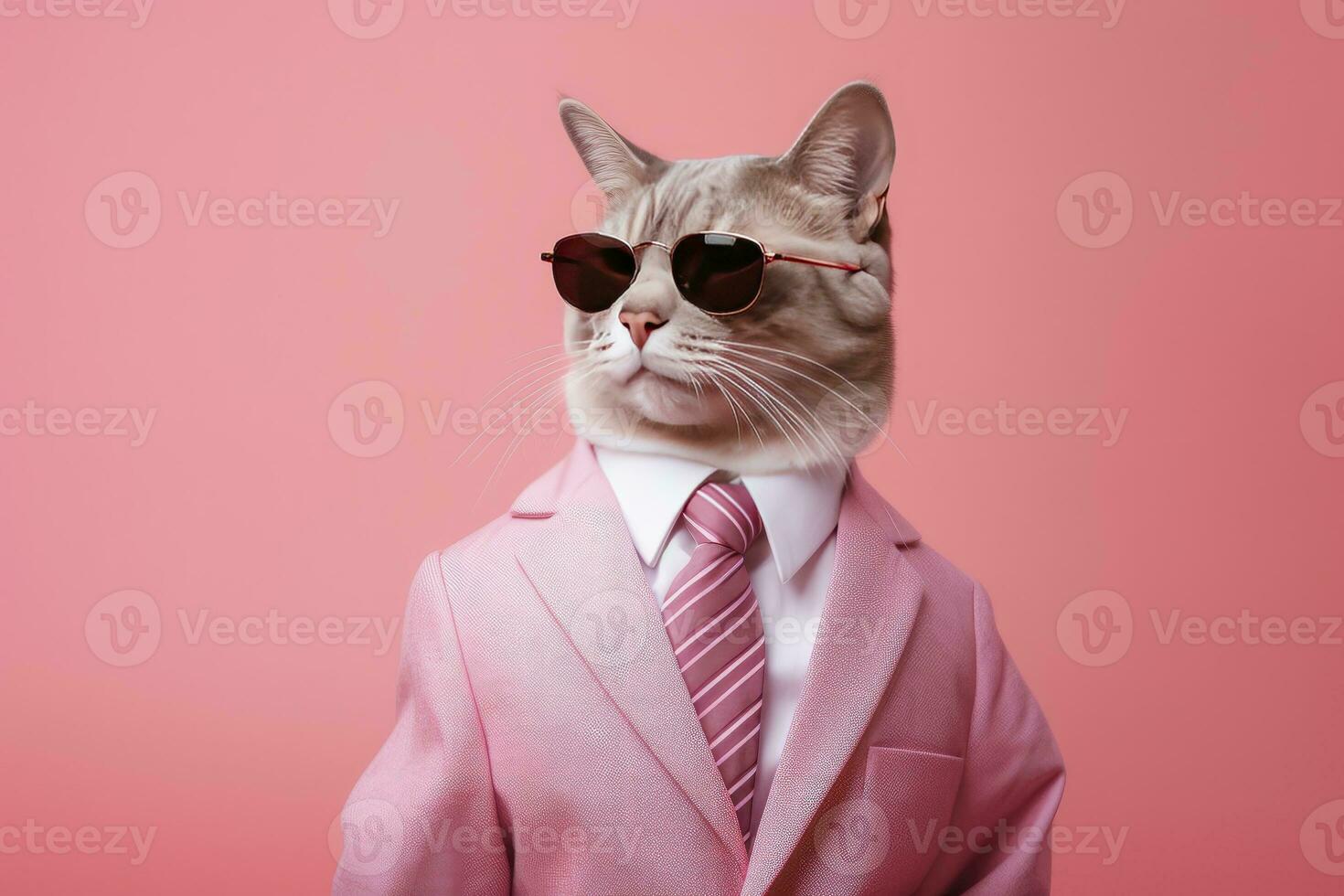 ai gegenereerd een kat is vervelend zonnebril en pak Aan roze achtergrond. ai gegenereerd foto