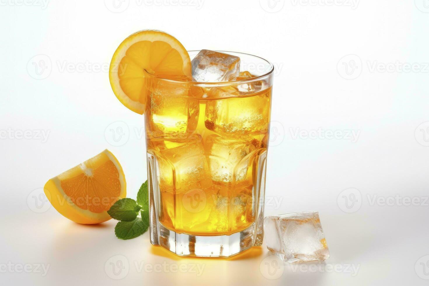 ai gegenereerd een glas van oranje Frisdrank water met ijs kubussen Aan wit achtergrond. ai gegenereerd foto