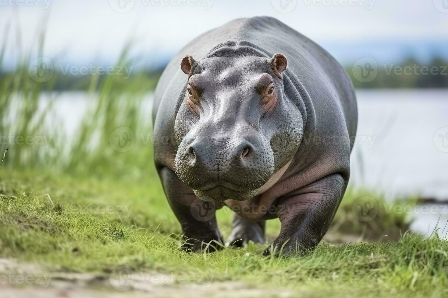 ai gegenereerd nijlpaard wandelen in een groen veld. ai gegenereerd foto