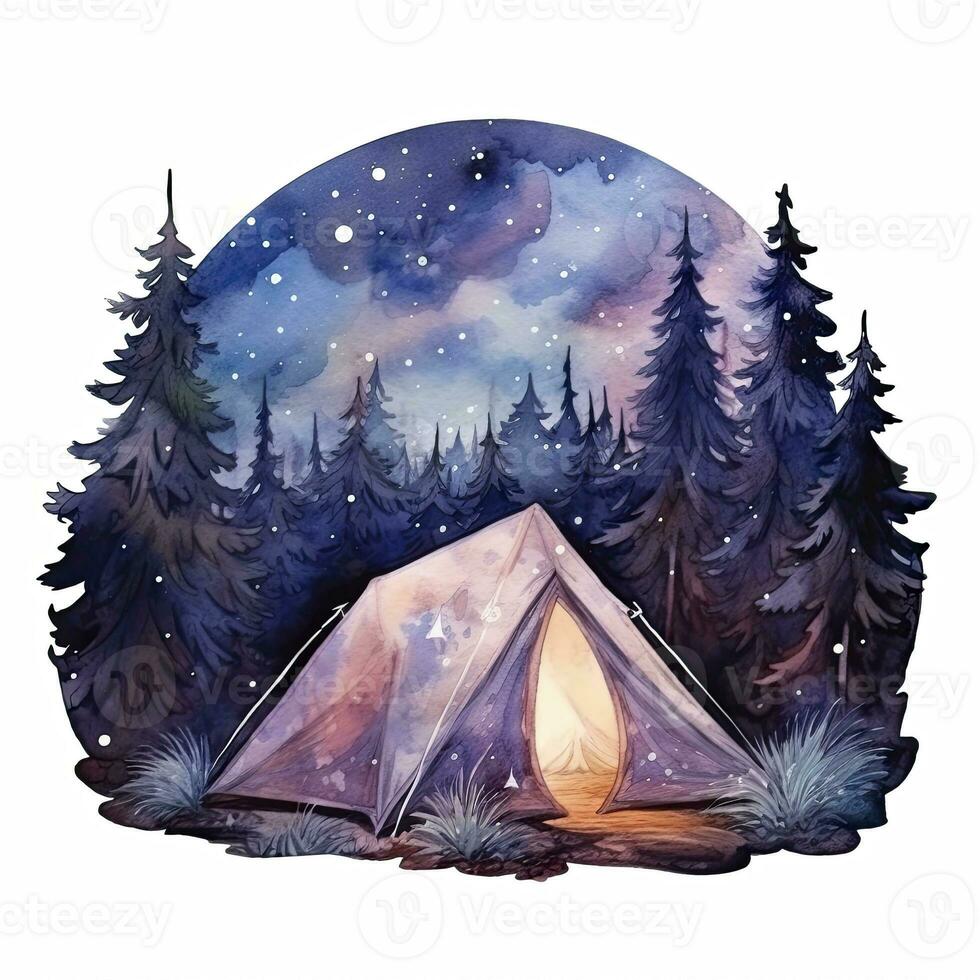 ai gegenereerd een camping tent in de Woud met nacht lucht, waterverf voor t-shirt ontwerp. ai gegenereerd foto