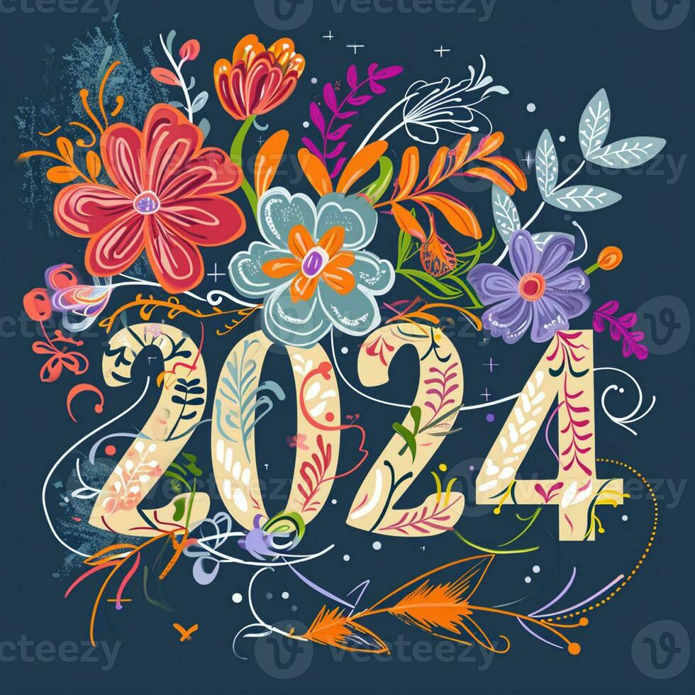 gelukkig nieuw jaar 2024 met bloemen elementen. hand- getrokken illustratie. foto