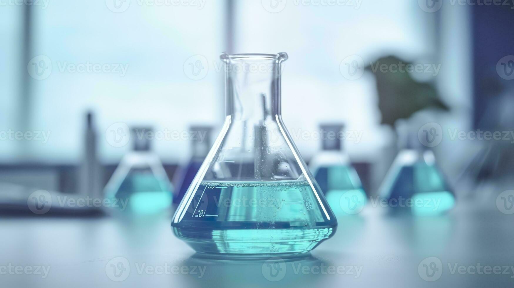 ai gegenereerd een wetenschap beker in de laboratorium Aan een tafel wit en licht blauw achtergrond.. laboratorium uitrusting uit van focus. ai generatief foto