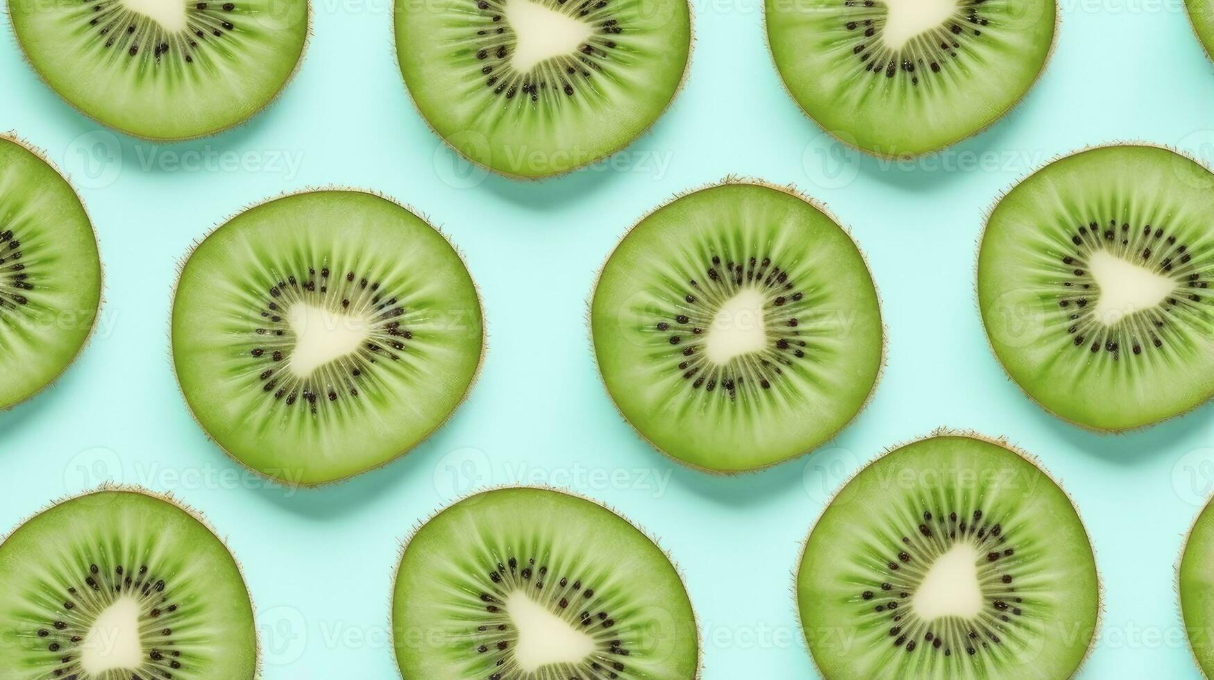 ai gegenereerd plakjes van kiwi fruit en groen munt bladeren Aan een licht pastel blauw achtergrond. ai gegenereerd foto