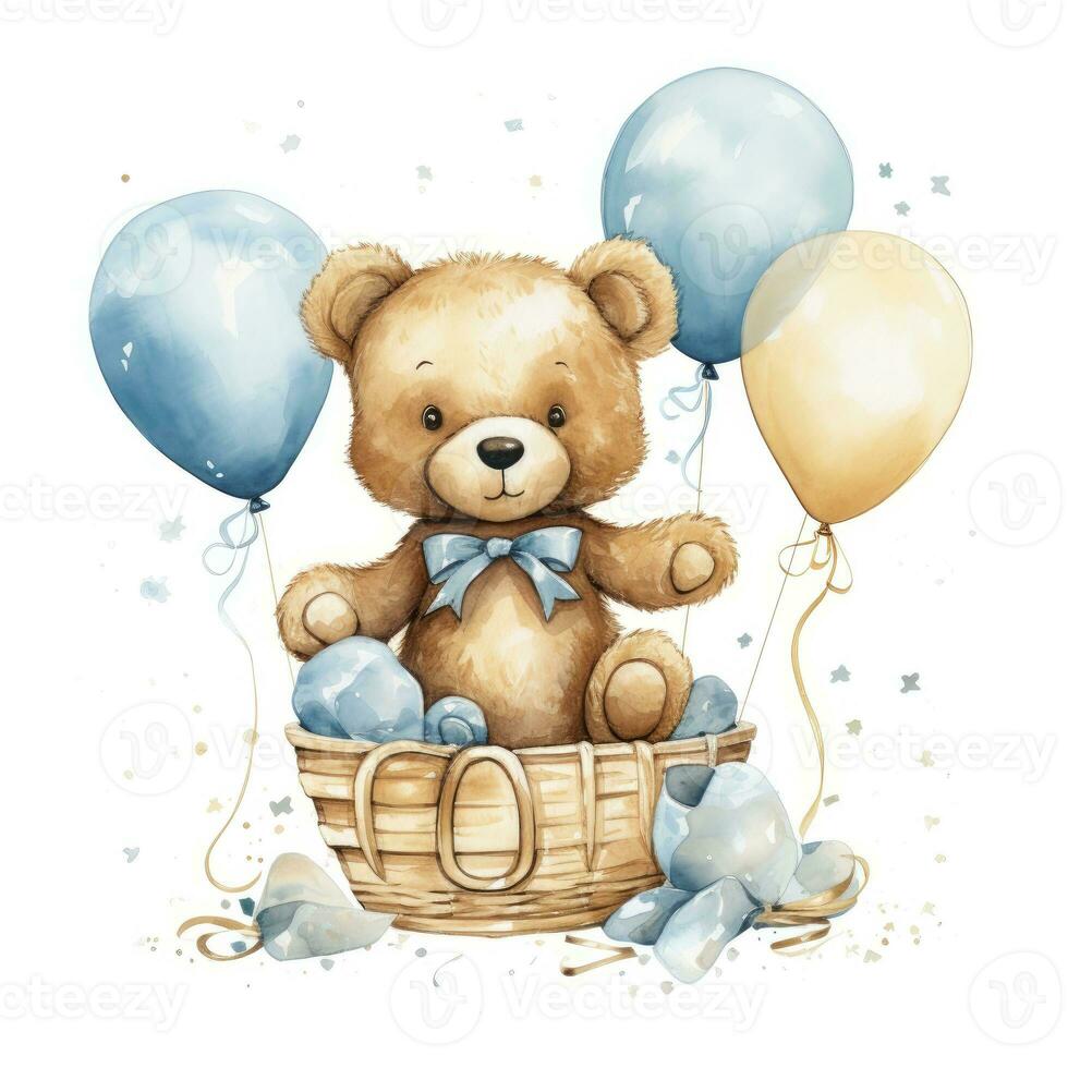 ai gegenereerd een waterverf baby teddy beer is zittend in de mand met blauw en goud ballonnen. ai gegenereerd foto