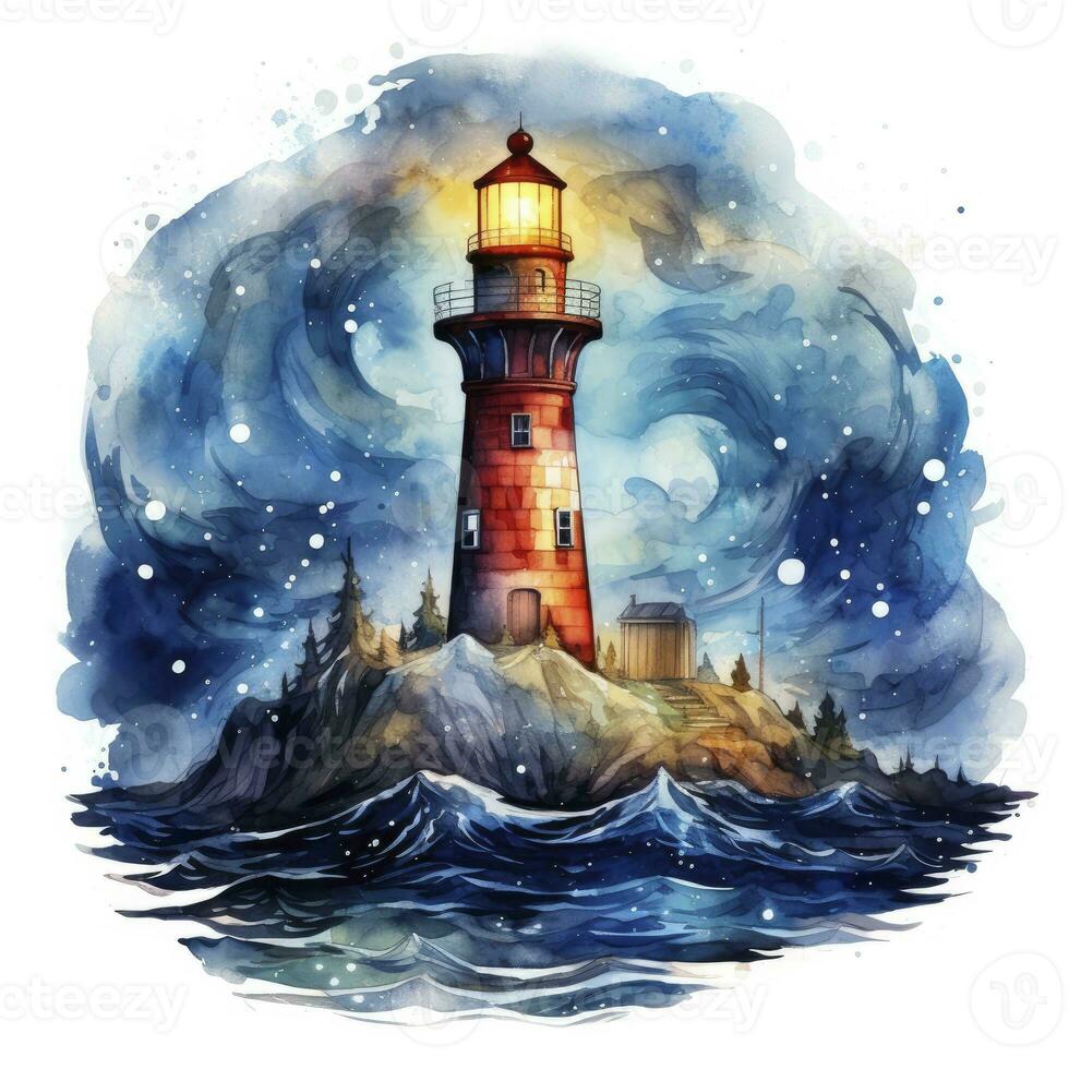 ai gegenereerd vuurtoren naast de zee Bij nacht. waterverf voor t-shirt ontwerp. ai gegenereerd foto