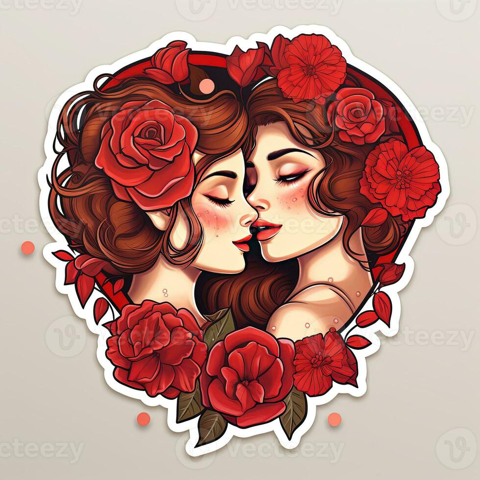 ai gegenereerd valentijnsdag dag stickers. lesbienne paar in liefde. ai generatief foto