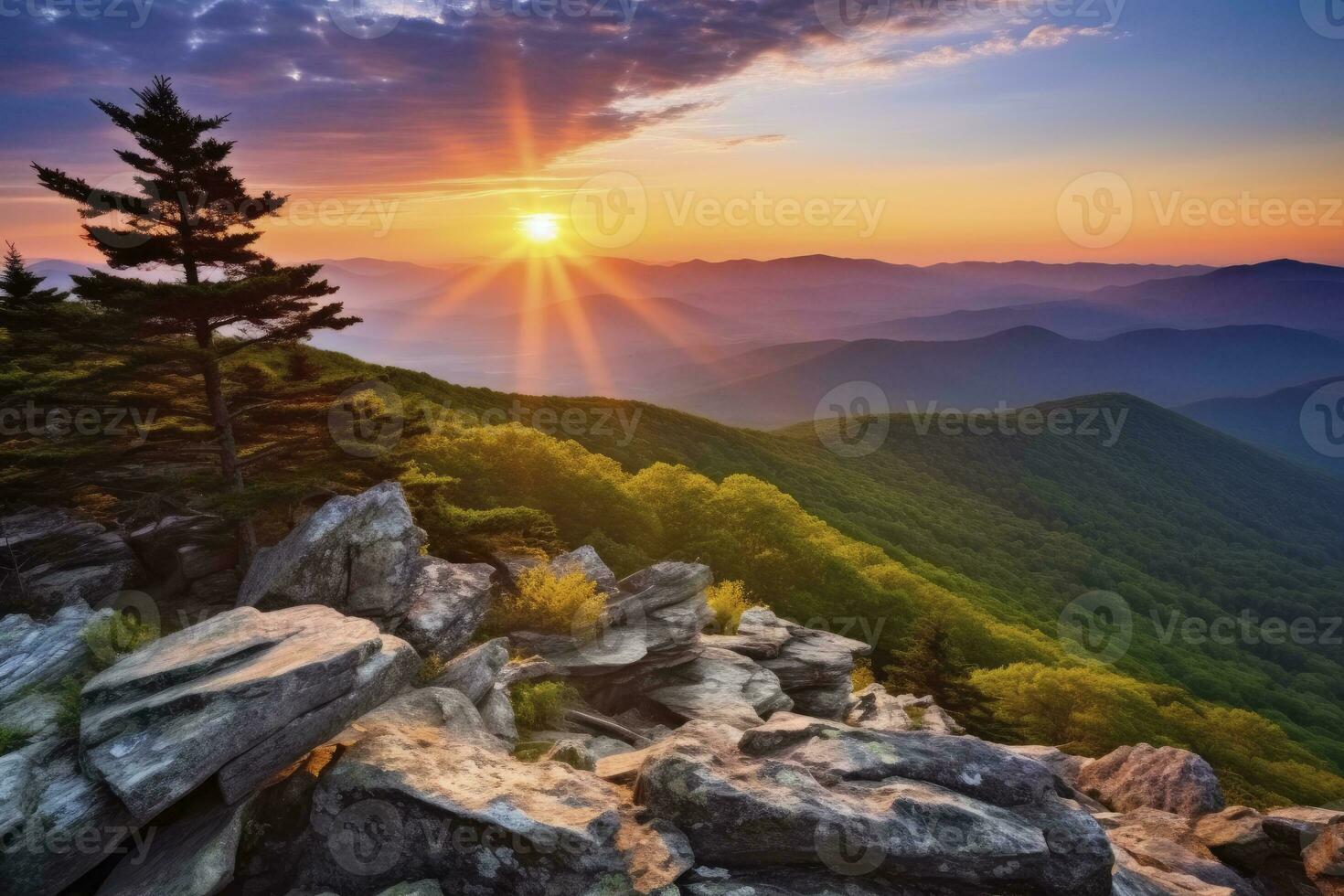 ai gegenereerd zonsondergang Aan steenachtig Mens berg. ai gegenereerd foto