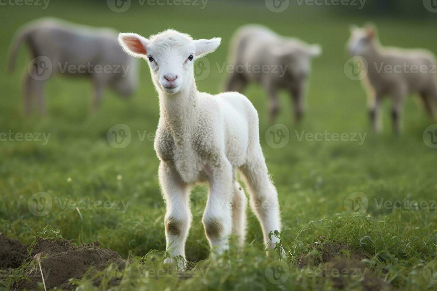 ai gegenereerd wit lam in een veld- in voorkant van andere dieren. generatief ai foto