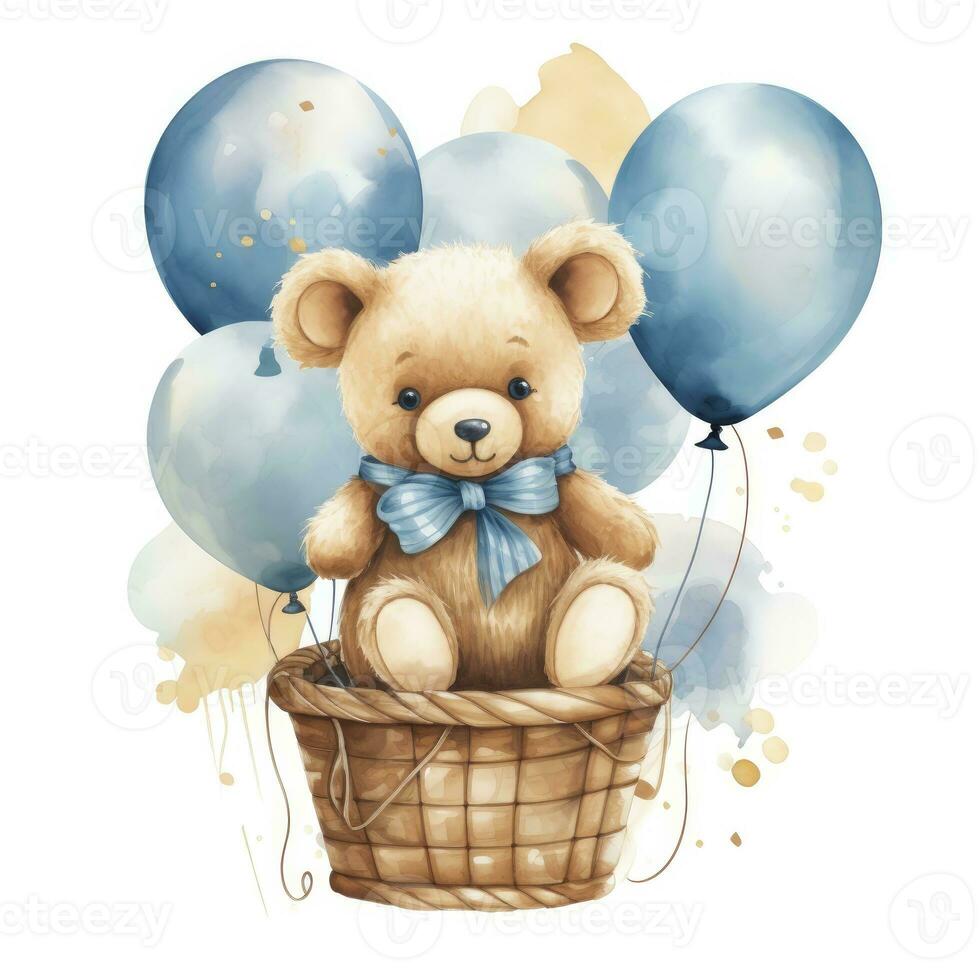 ai gegenereerd een waterverf baby teddy beer is zittend in de mand met blauw en goud ballonnen. ai gegenereerd foto