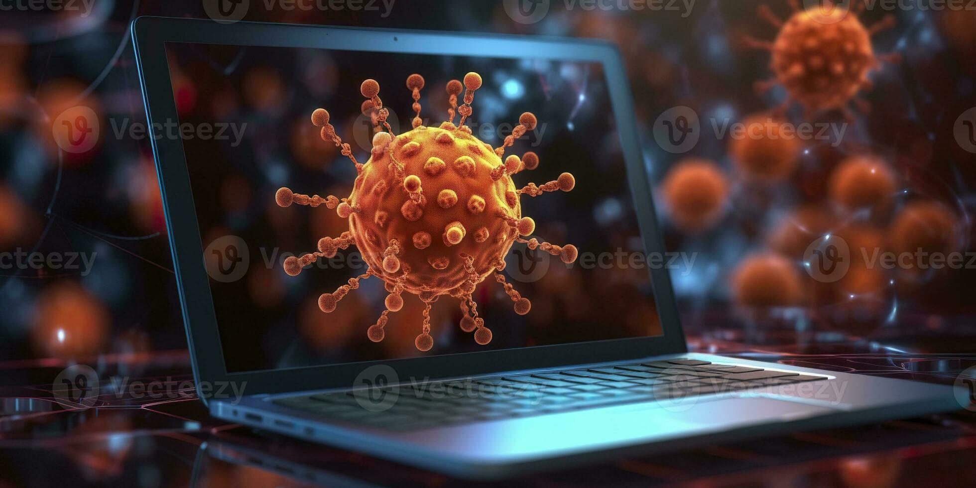 ai gegenereerd computer scherm tonen een installeren bijwerken kennisgeving met een virus symbool, ai generatief foto