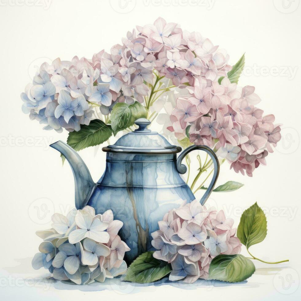 ai gegenereerd waterverf hortensia's in theepot geïsoleerd Aan wit achtergrond. ai gegenereerd foto