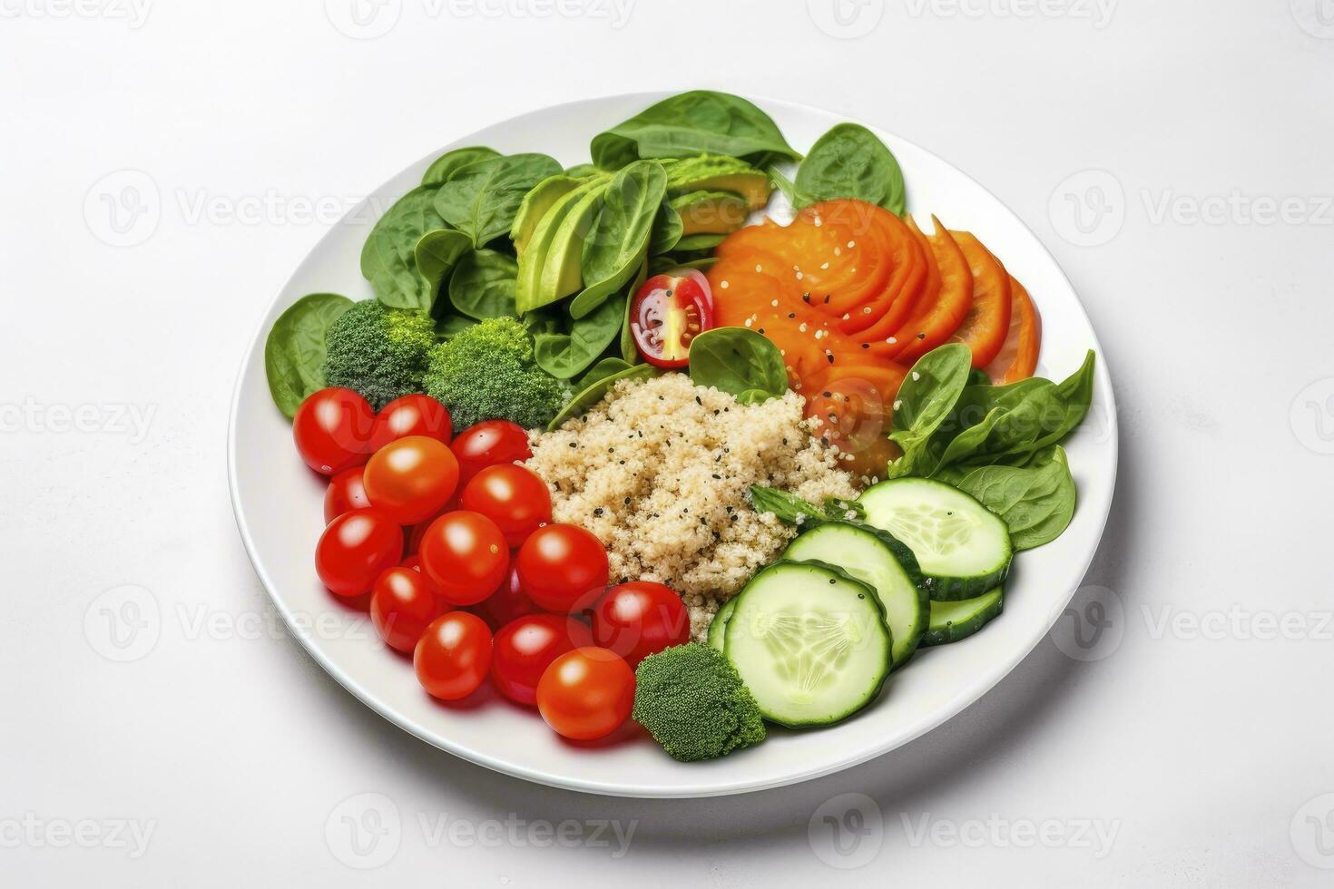 ai gegenereerd salade met quinoa, spinazie, broccoli, tomaten, komkommers en wortels. ai gegenereerd foto