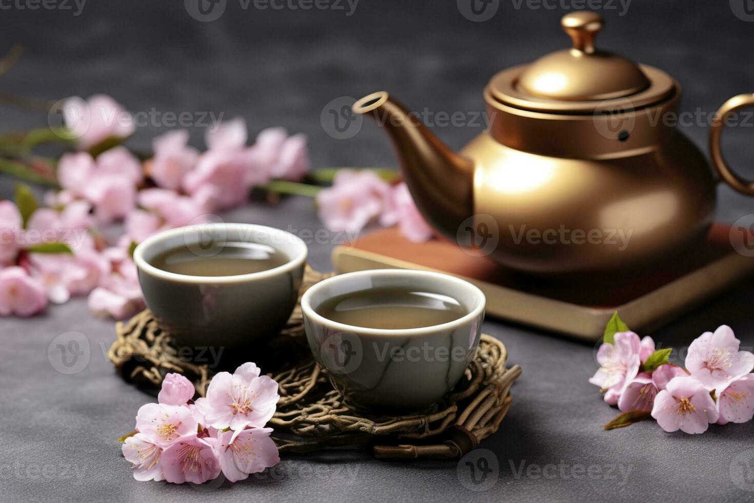 ai gegenereerd traditioneel ceremonie. cups van gebrouwen thee, theepot en sakura bloemen Aan grijs tafel. generatief ai foto