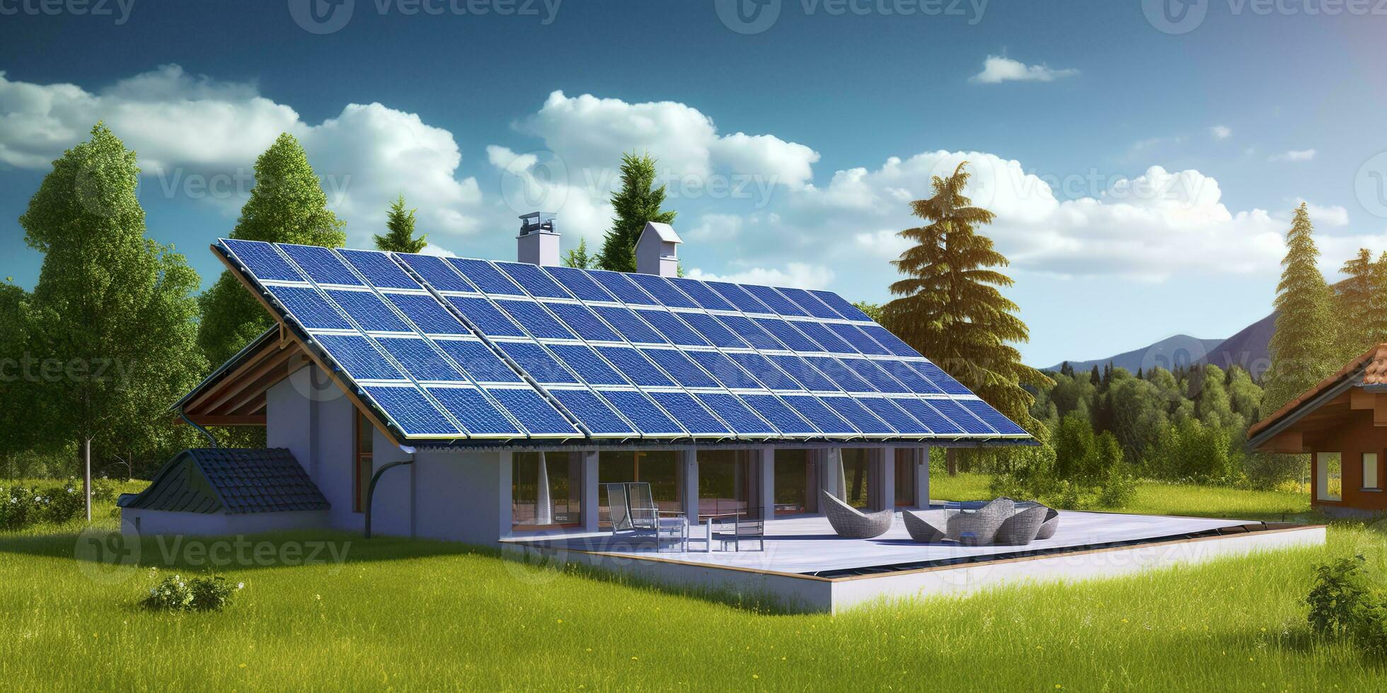 ai gegenereerd fotovoltaïsche zonne- panelen. duurzame energie. een mini macht fabriek voor een huis. generatief ai foto