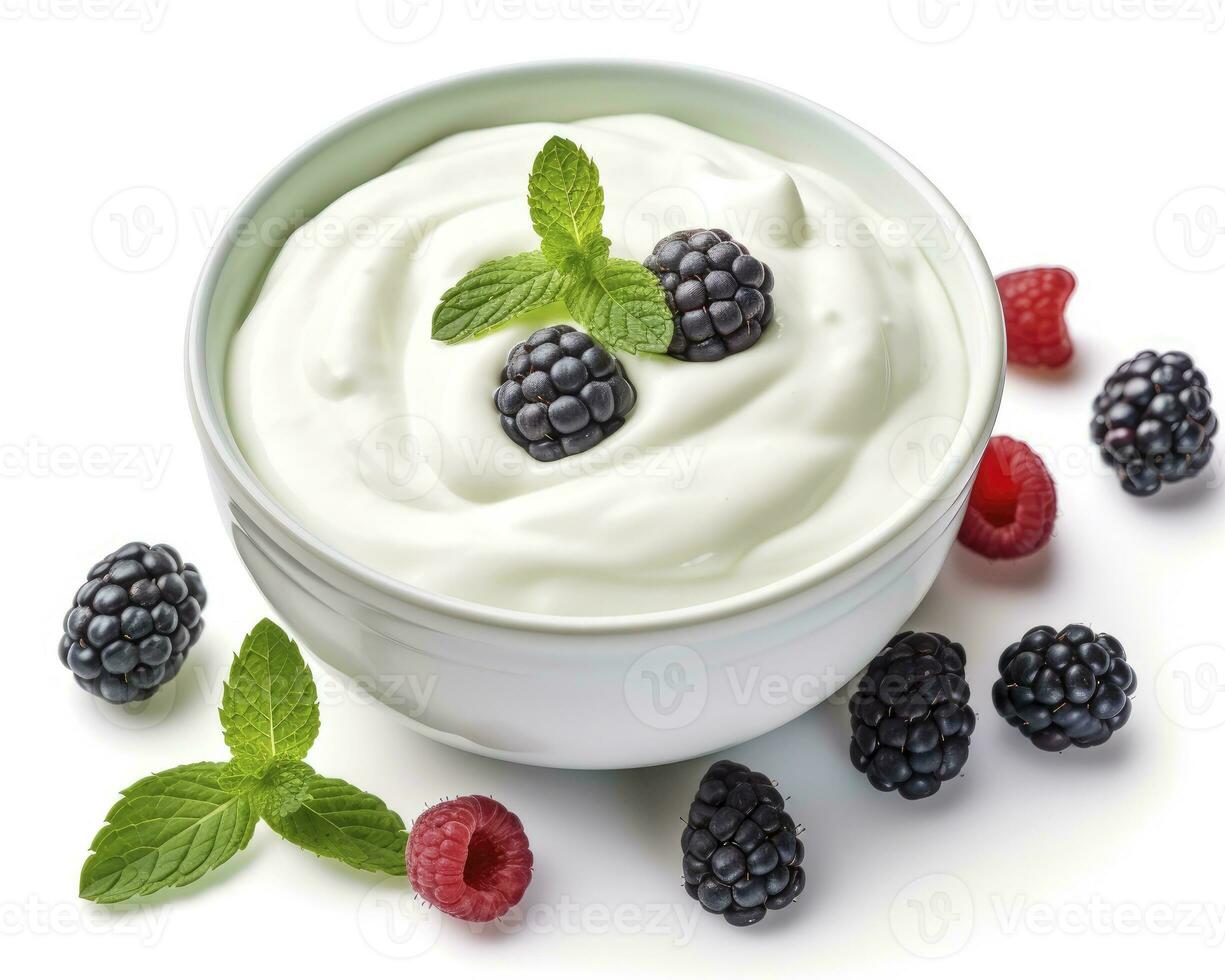 ai gegenereerd groen kom van Grieks yoghurt en vers bessen geïsoleerd Aan wit achtergrond. ai gegenereerd foto