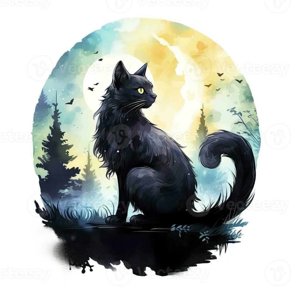 ai gegenereerd zwart kat in maanlicht Woud. waterverf voor t-shirt ontwerp. ai gegenereerd foto