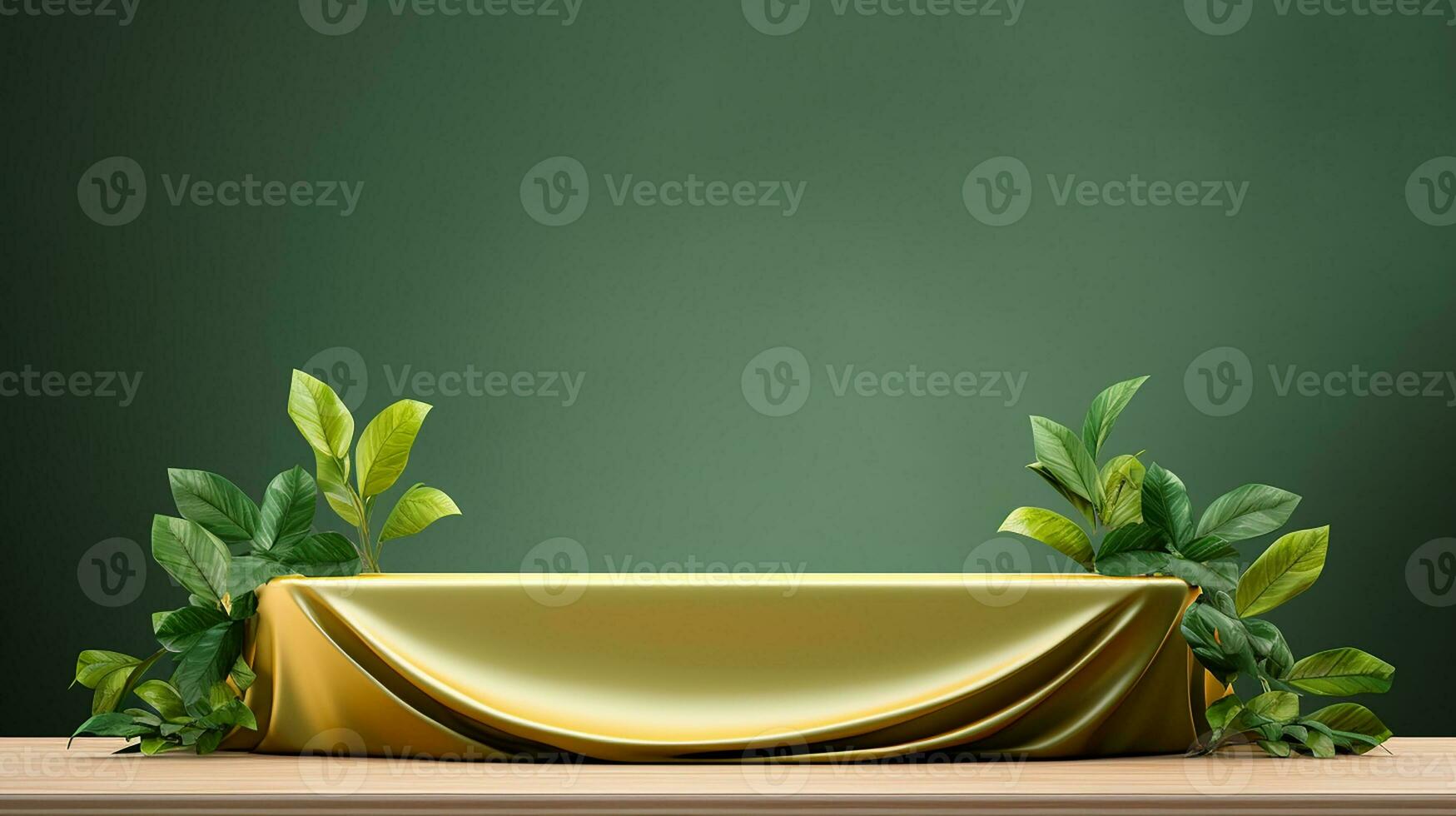 ai gegenereerd 3d weergegeven leeg Scherm elegant luxe groen en goud thema podium met bladeren minimaal tafereel voor Product Scherm presentatie foto