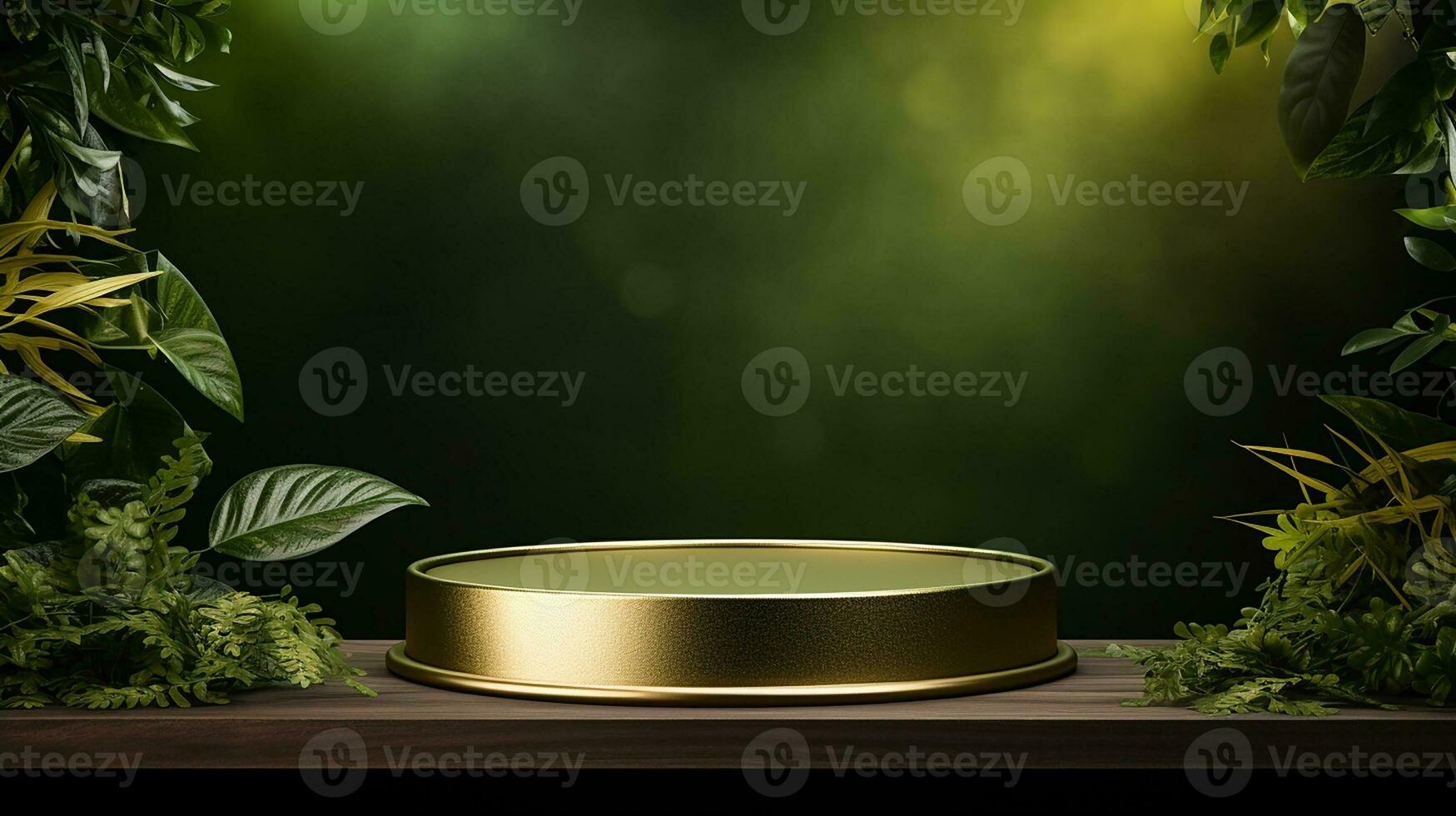 ai gegenereerd 3d weergegeven leeg Scherm elegant luxe groen en goud thema podium met bladeren minimaal tafereel voor Product Scherm presentatie foto