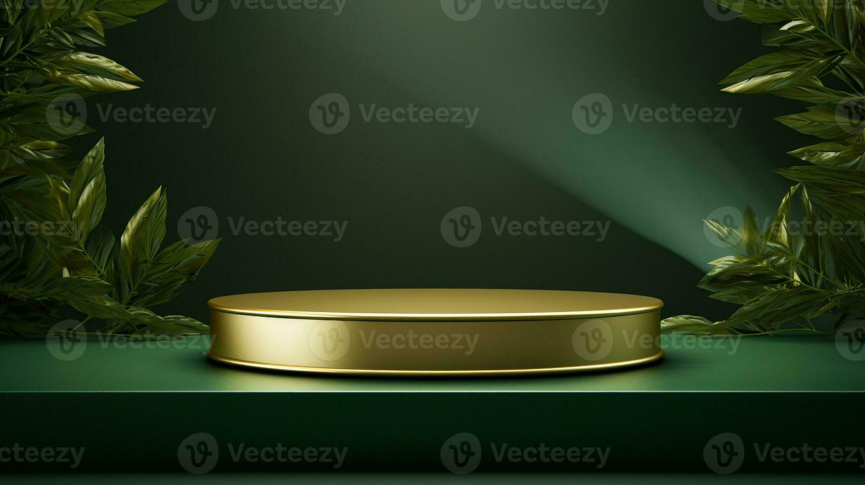 ai gegenereerd 3d weergegeven leeg Scherm elegant luxe groen en goud thema podium met bladeren minimaal tafereel voor Product Scherm presentatie foto