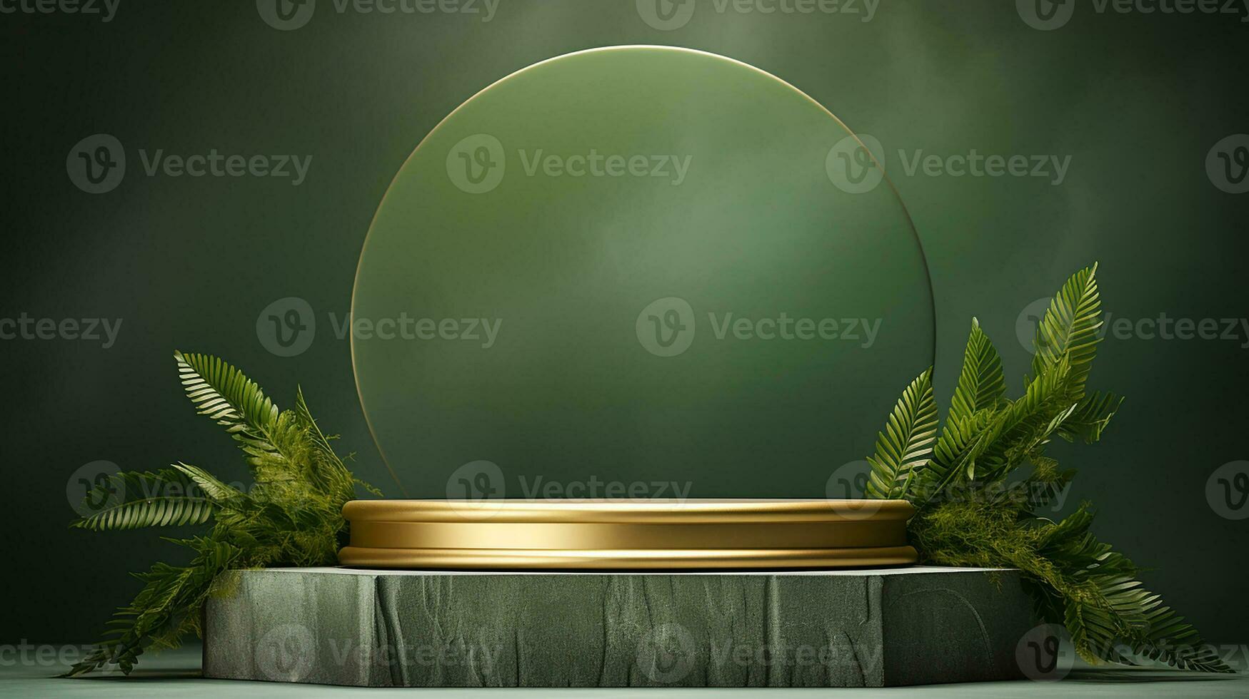 ai gegenereerd 3d weergegeven leeg Scherm elegant luxe groen en goud thema podium met bladeren minimaal tafereel voor Product Scherm presentatie foto