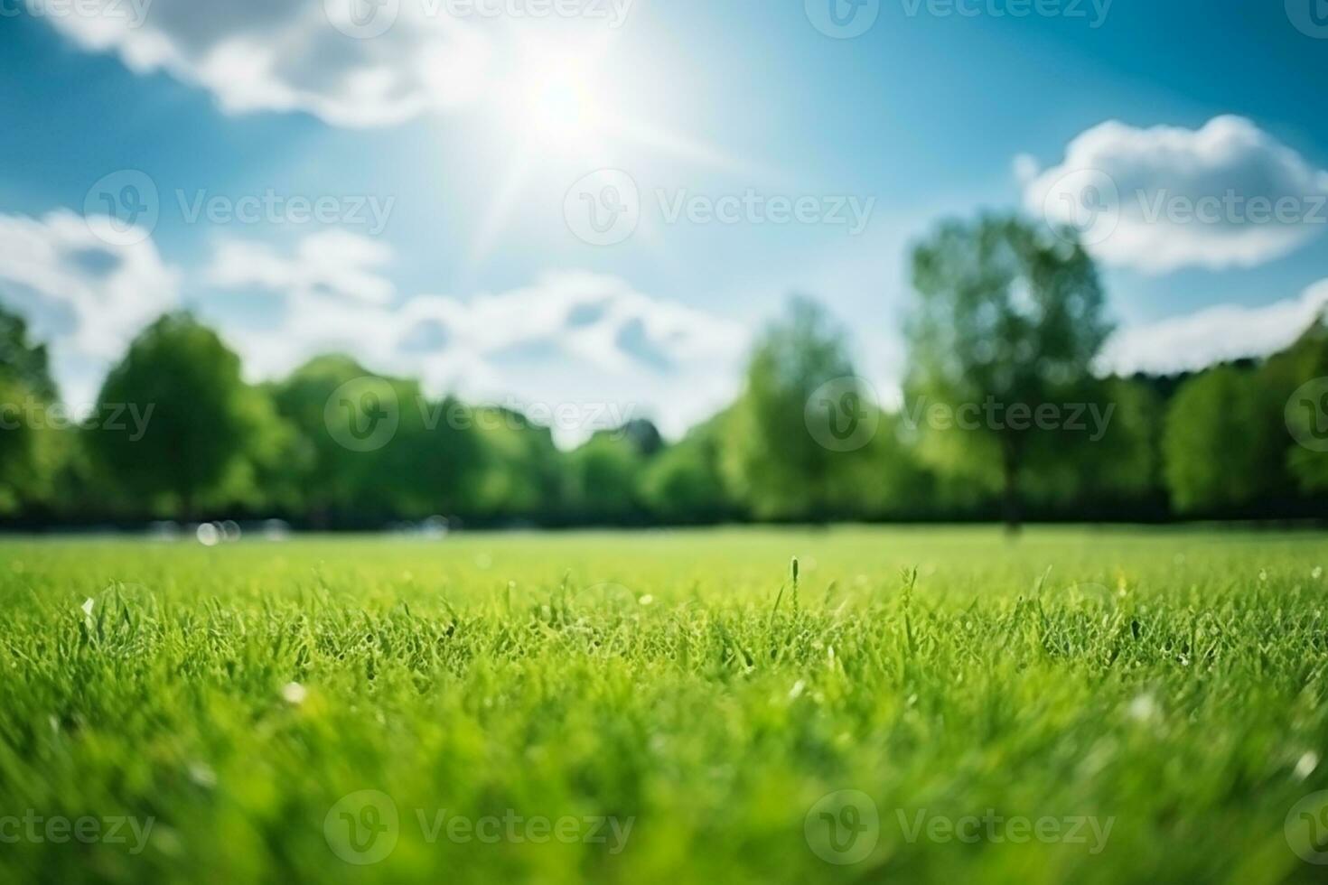 ai gegenereerd mooi wazig achtergrond beeld van voorjaar natuur met een netjes bijgesneden gazon omringd door bomen tegen een blauw lucht met wolken Aan een helder zonnig dag foto