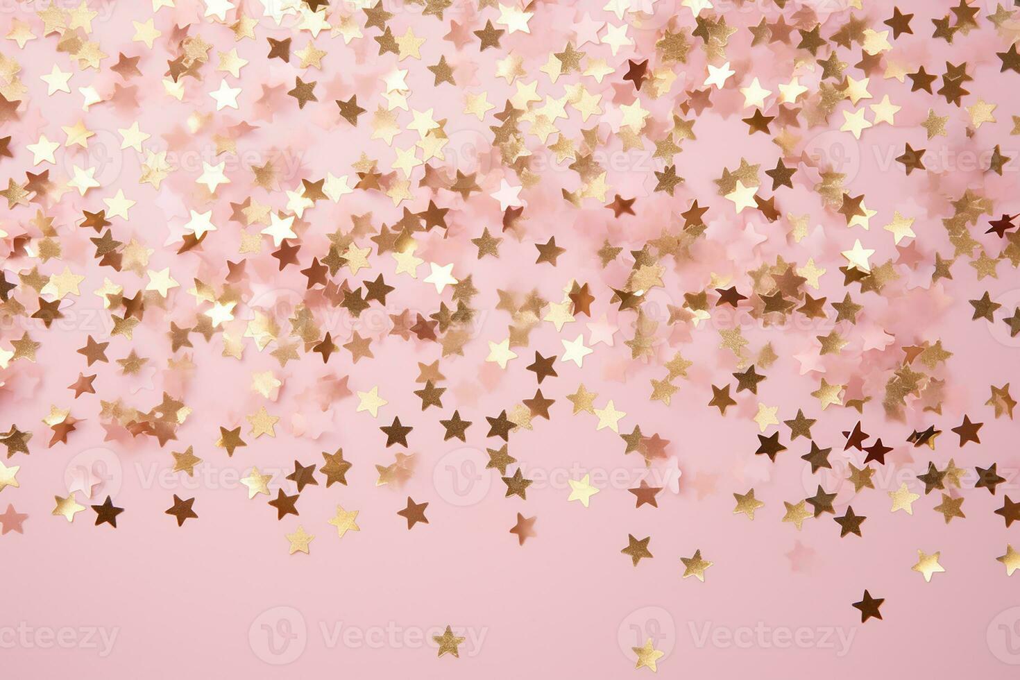 ai gegenereerd gouden sparkles Aan roze achtergrond. met verspreide metaal schitteren in delicaat pastel kleuren foto