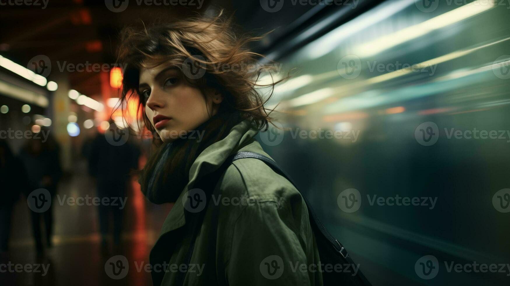 ai gegenereerd een vrouw staand in metro station Bij nacht foto