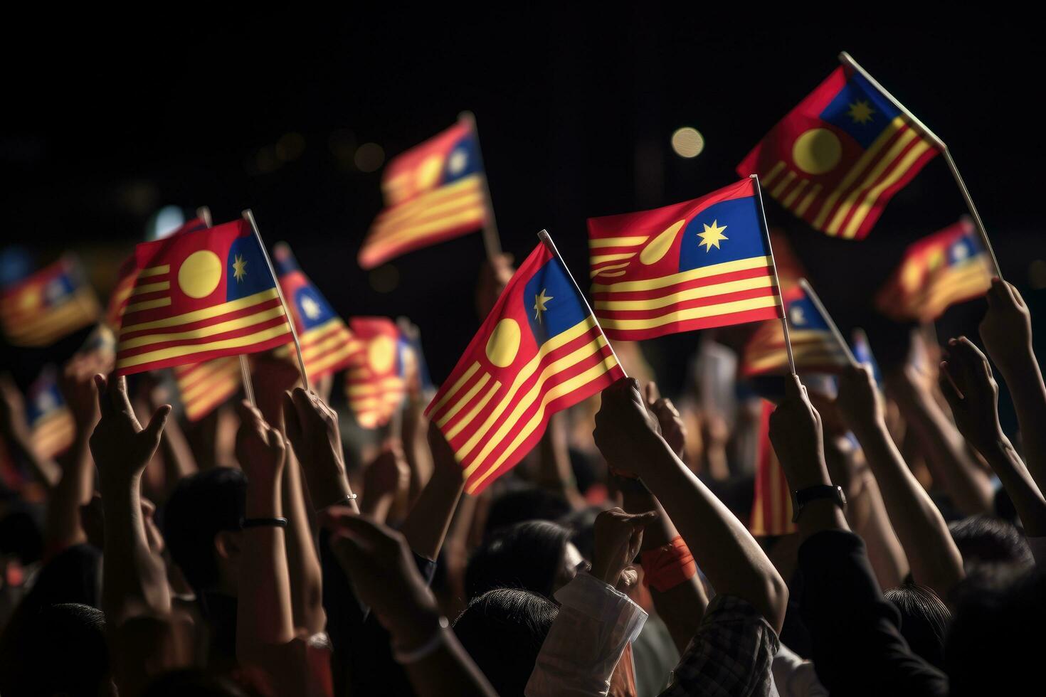 ai gegenereerd veel mensen golvend de Maleisië vlaggen in de donker, wazig achtergrond, hand- golvend de Maleisië vlag, ook bekend net zo jalur gemilang, in voegwoord, ai gegenereerd foto