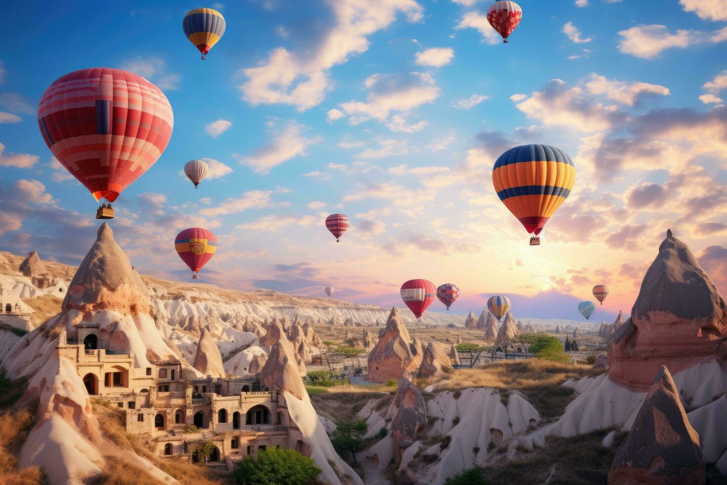 ai gegenereerd heet lucht ballonnen vliegend over- vallei in Cappadocië, kalkoen, heet lucht ballonnen vliegend over- spectaculair Cappadocië, ai gegenereerd foto