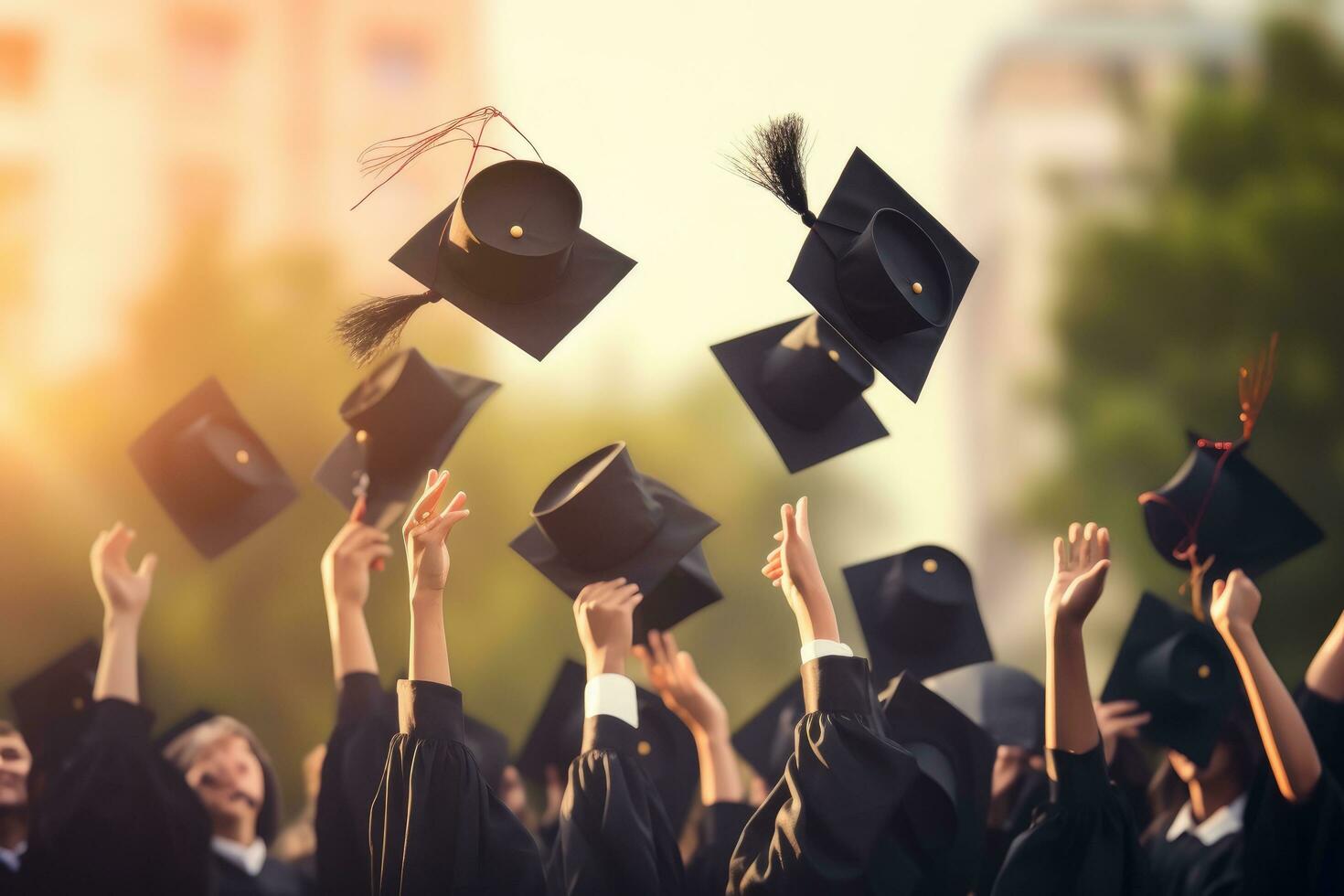 ai gegenereerd groep van afgestudeerden het werpen petten in de lucht. onderwijs en diploma uitreiking concept, diploma uitreiking ceremonie concept, hoeden en diploma's verheven in handen, detailopname, ai gegenereerd foto