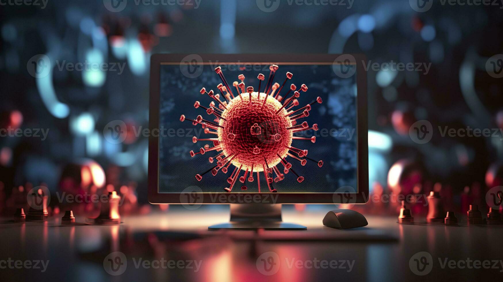 ai gegenereerd computer scherm tonen een installeren bijwerken kennisgeving met een virus symbool, ai generatief foto