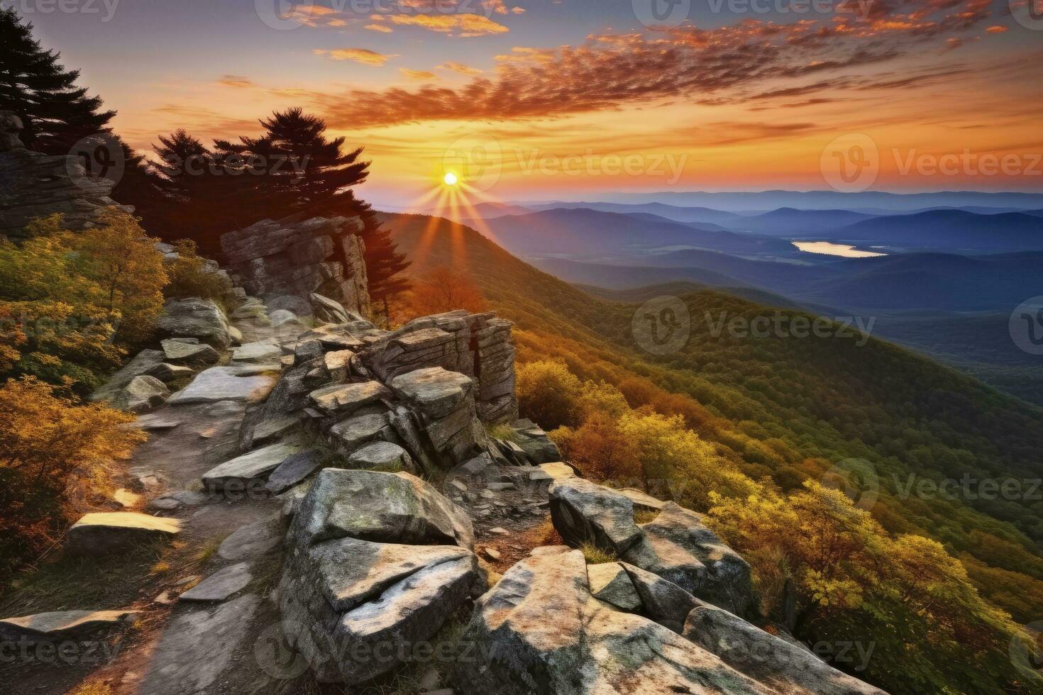 ai gegenereerd zonsondergang Aan steenachtig Mens berg. ai gegenereerd foto