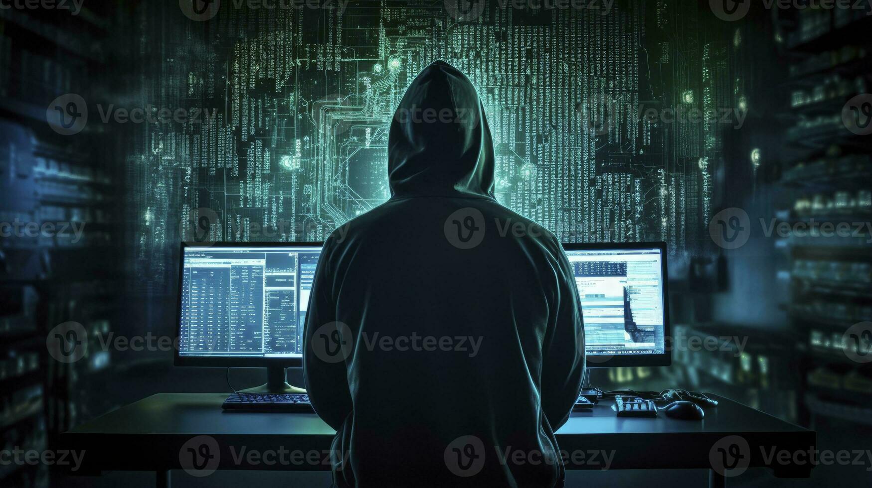 ai gegenereerd hacker. een glimp in de wereld van cyber complotten. ai gegenereerd foto