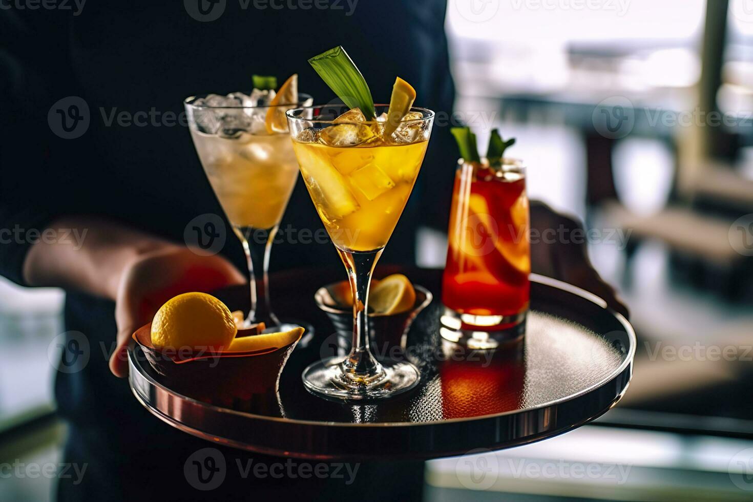 ai gegenereerd bril alcohol cocktail reeks Aan een ober dienblad in bar. ai gegenereerd foto