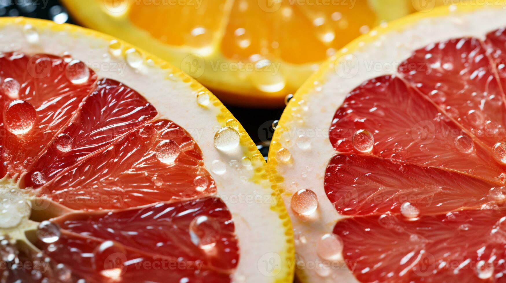 ai gegenereerd citrus plakjes met water druppels Aan donker oppervlakte foto