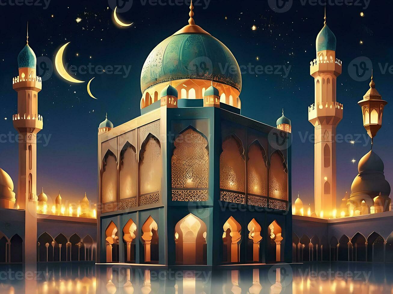 ai gegenereerd illustratie van verbazingwekkend architectuur ontwerp van moslim moskee Arabisch lantaarn van Ramadan viering. ai gegenereerd foto
