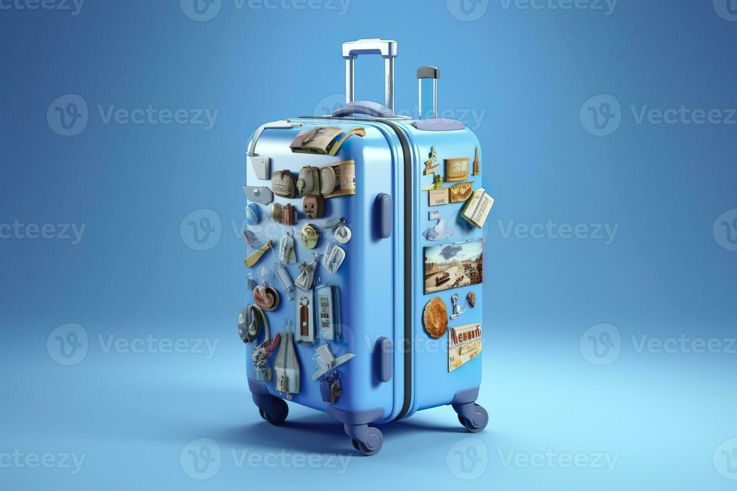 ai gegenereerd blauw koffer vol van oriëntatiepunten en reizen accessoires Aan blauw achtergrond. generatief ai foto