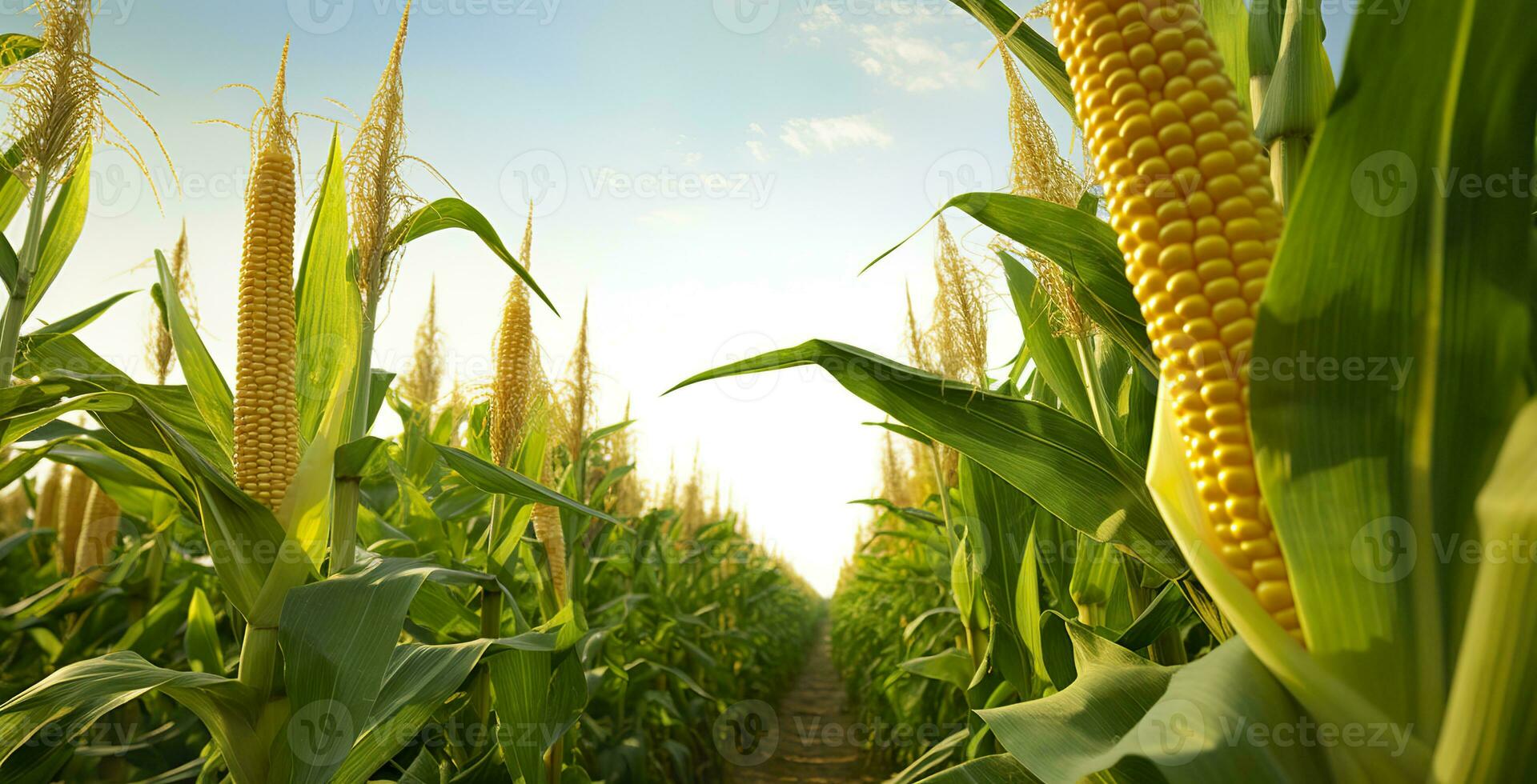 ai gegenereerd detailopname maïs kolven in maïs plantage veld. generatief ai foto