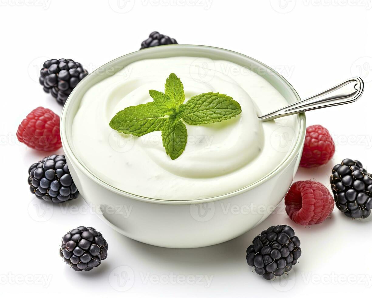 ai gegenereerd groen kom van Grieks yoghurt en vers bessen geïsoleerd Aan wit achtergrond. ai gegenereerd foto