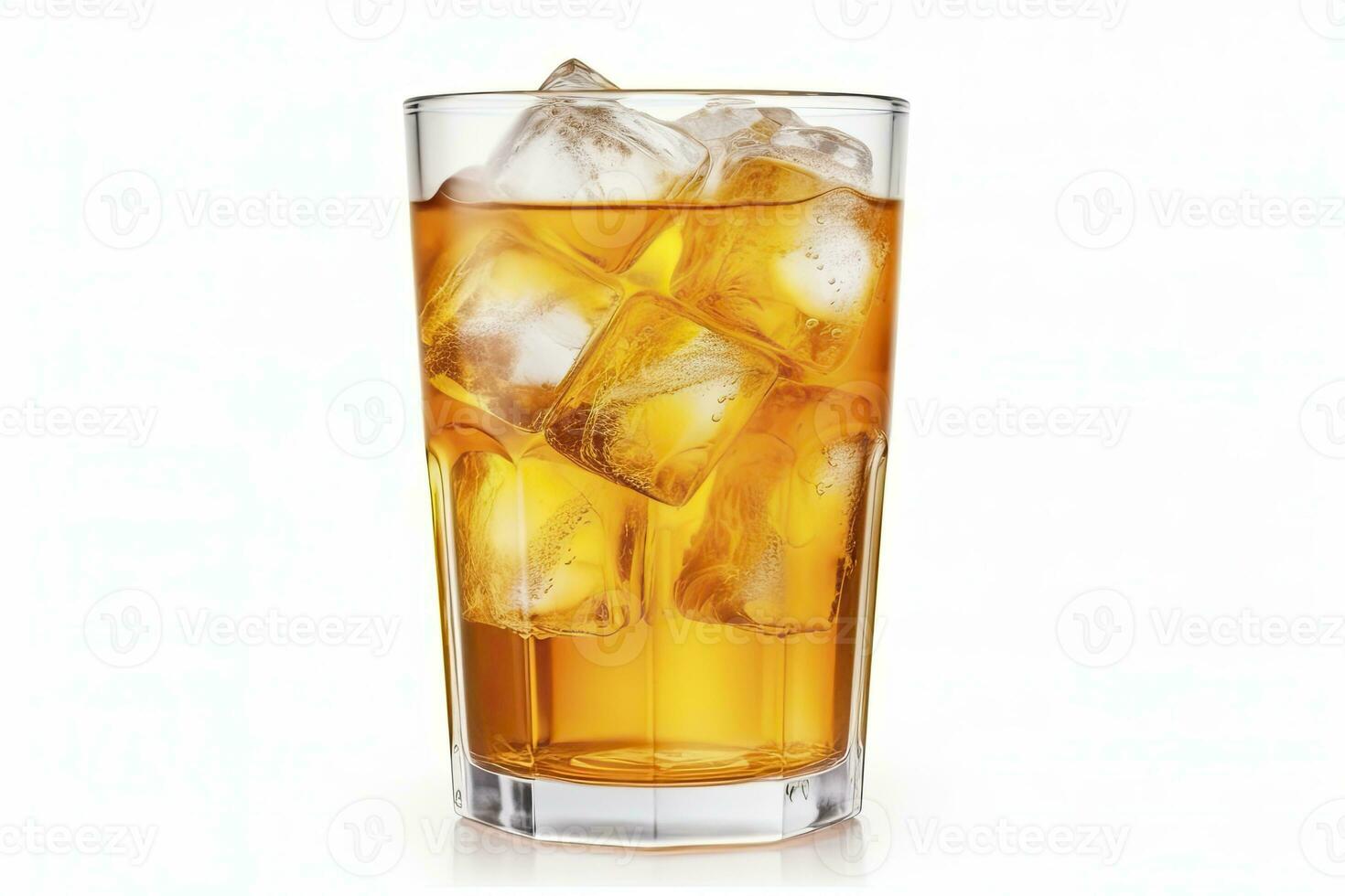 ai gegenereerd een glas van oranje Frisdrank water met ijs kubussen Aan wit achtergrond. ai gegenereerd foto