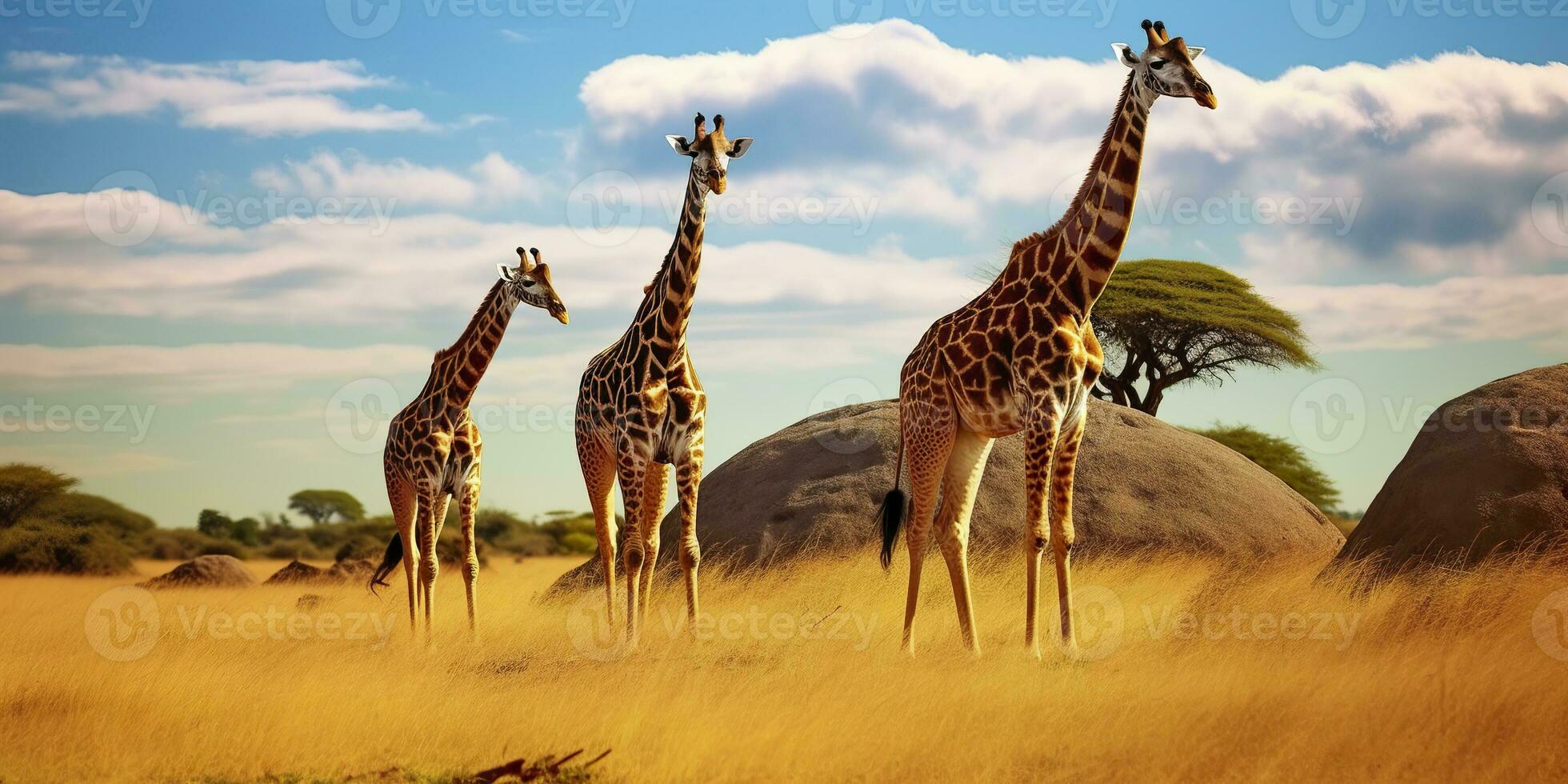 ai gegenereerd giraffen in de Afrikaanse savanne. serengeti nationaal park. Afrika. Tanzania. ai gegenereerd foto