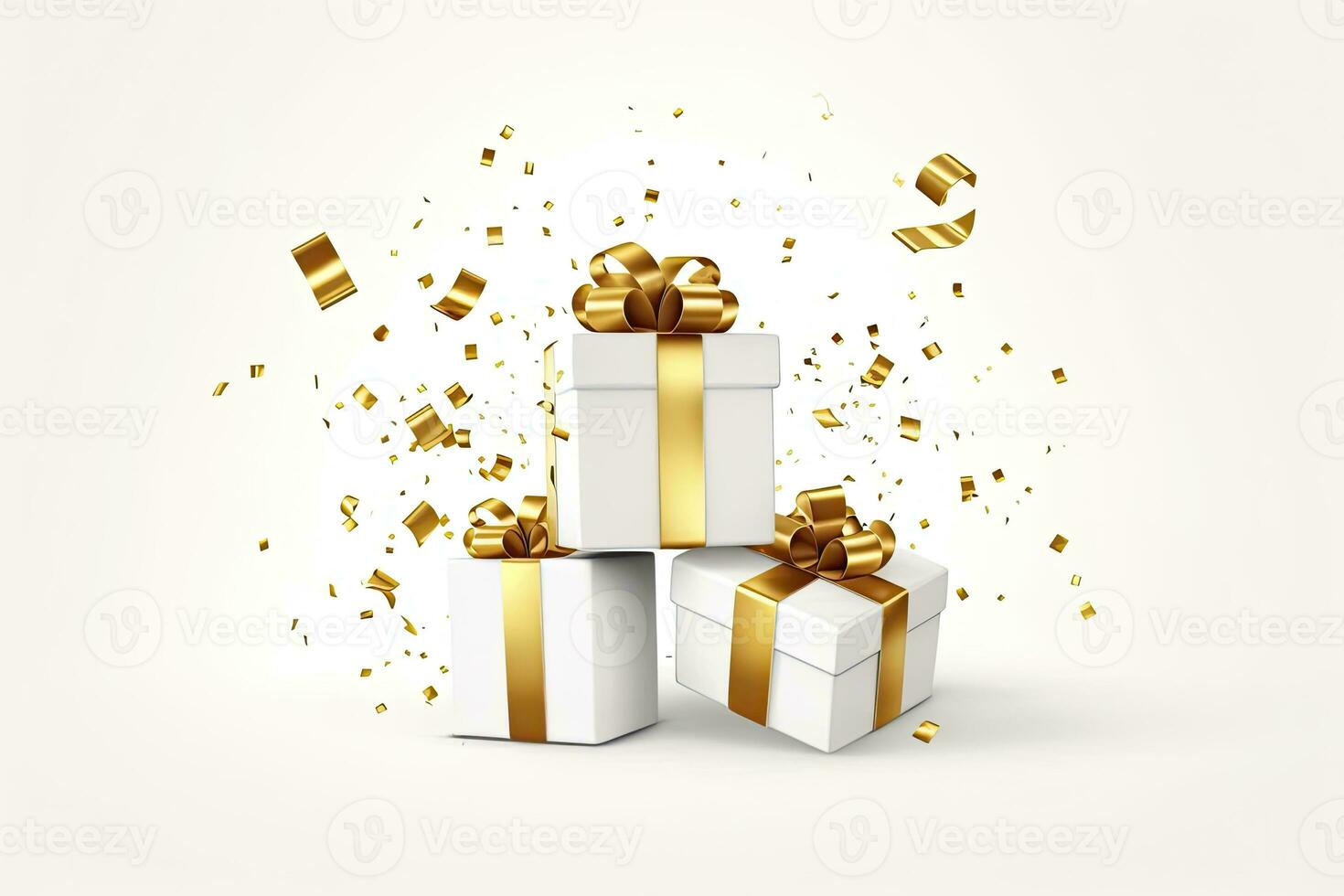 ai gegenereerd vrolijk nieuw jaar en vrolijk Kerstmis 2024 wit geschenk dozen met gouden bogen en goud pailletten confetti Aan wit achtergrond. ai gegenereerd foto