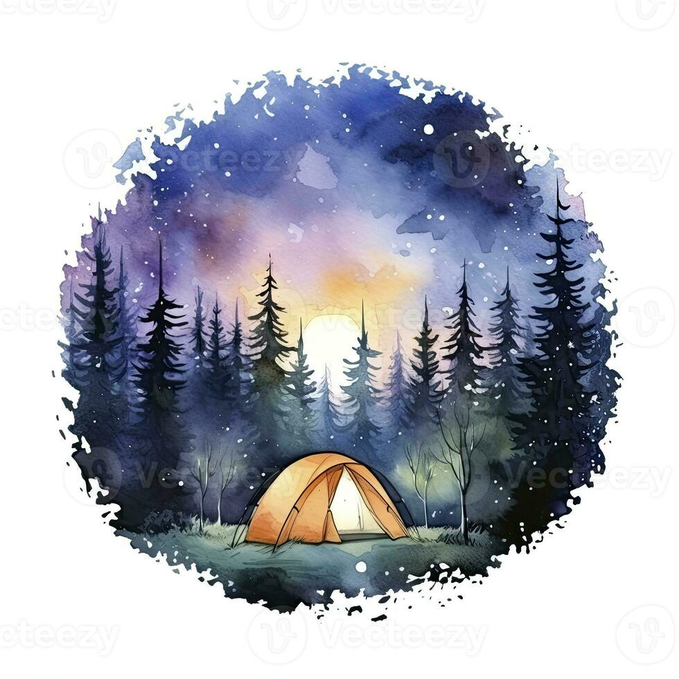 ai gegenereerd een camping tent in de Woud met nacht lucht, waterverf voor t-shirt ontwerp. ai gegenereerd foto