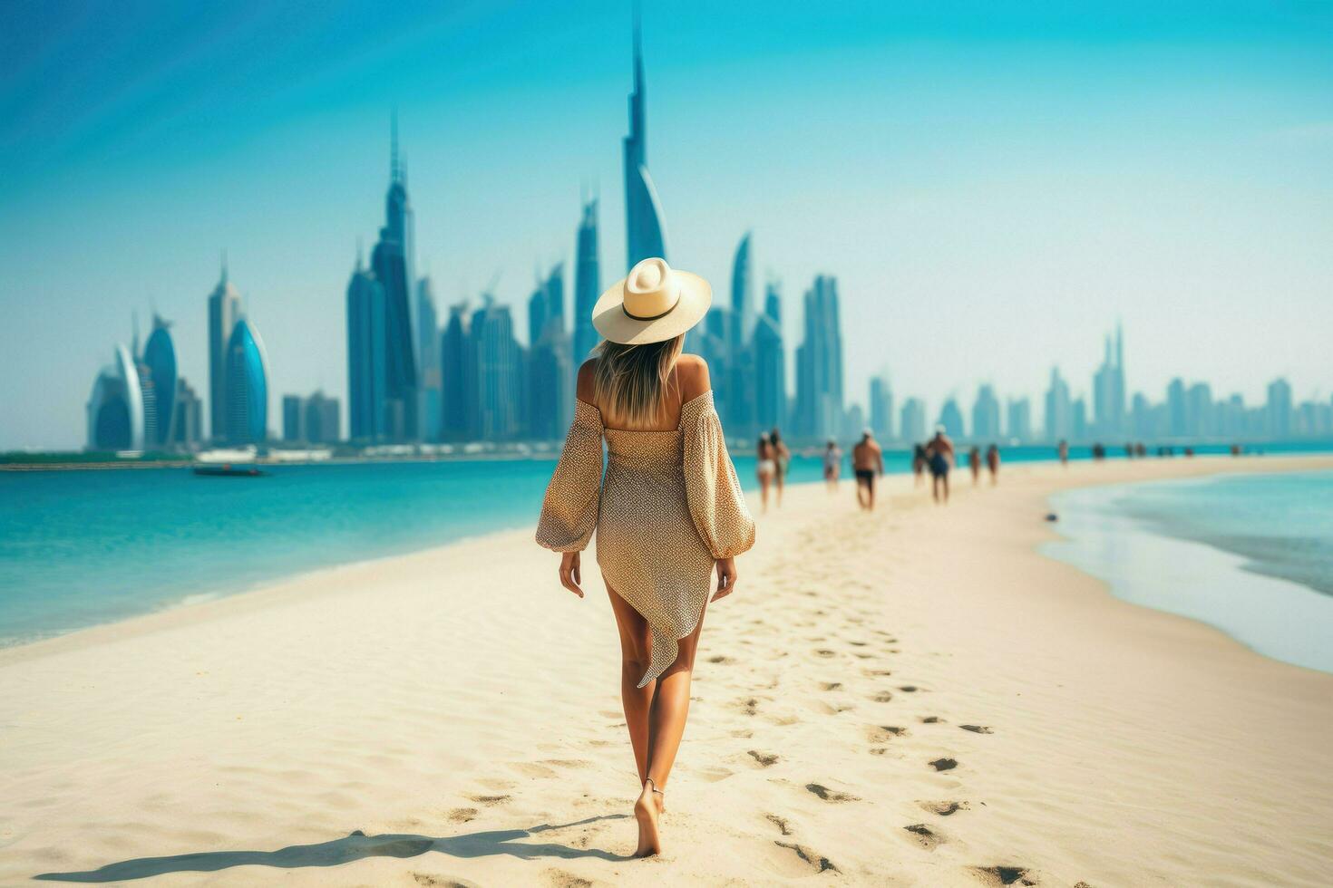 ai gegenereerd mooi jong vrouw is wandelen Aan de strand in Dubai ai gegenereerd foto