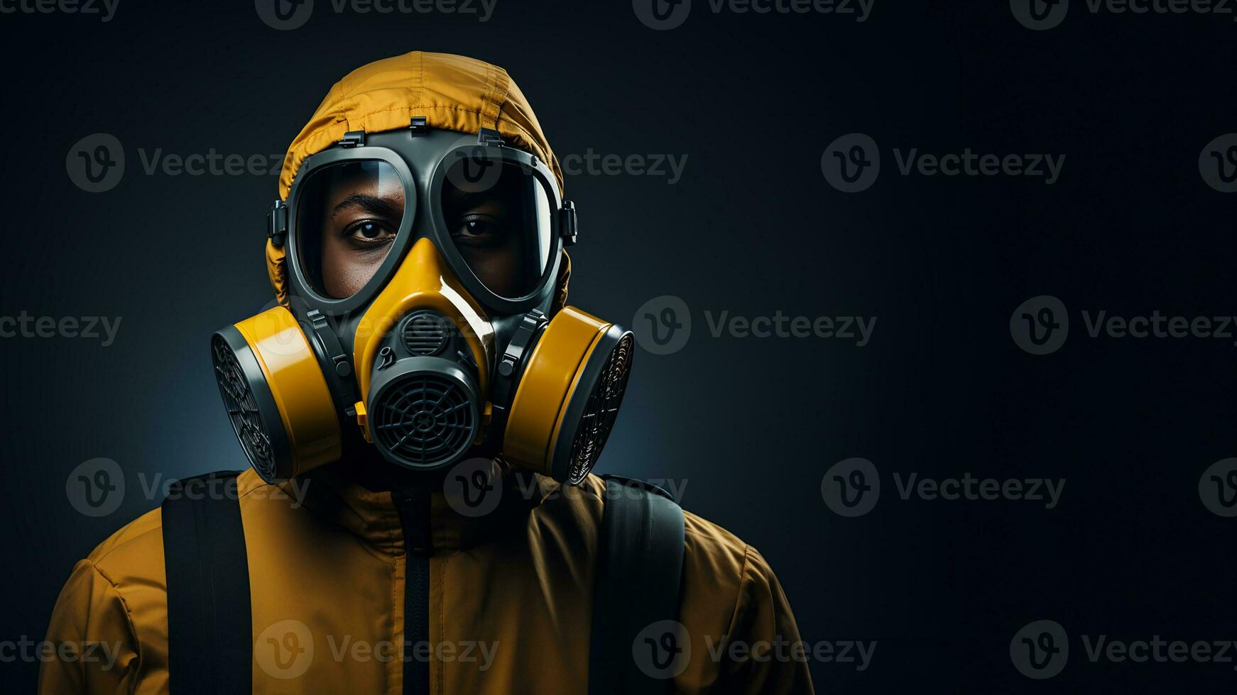 ai gegenereerd detailopname portret van zwart Mens in een gas- masker Aan een donker achtergrond. foto