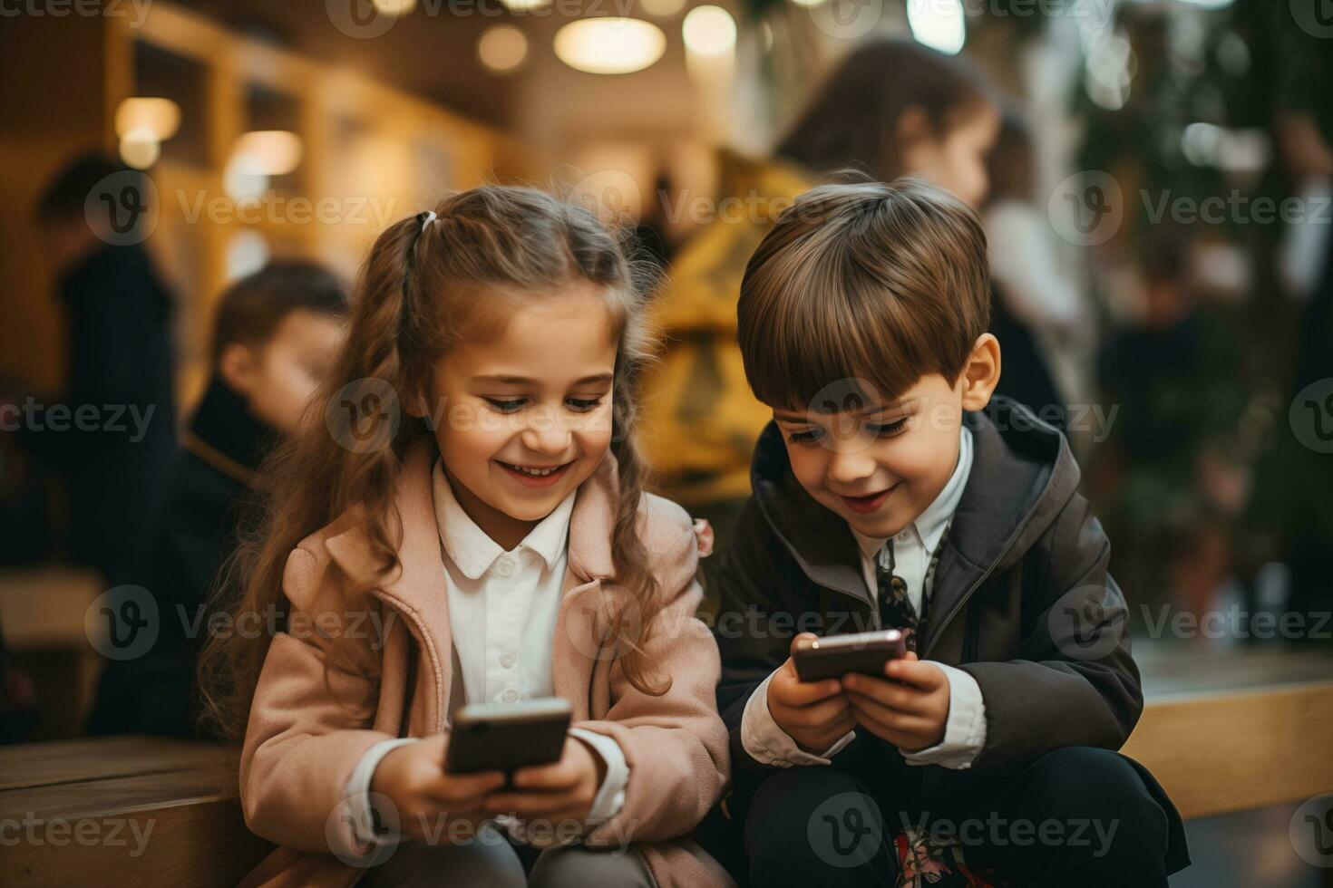 ai gegenereerd kinderen gebruik makend van smartphone. communicatie online, sociaal media. apparaatje verslaving, technologie en levensstijl foto