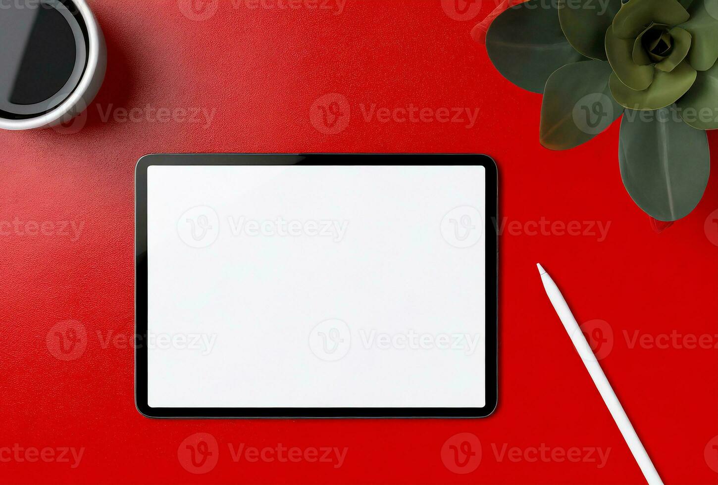 ai gegenereerd top visie van een rood werk oppervlakte met mockup tablet, plant, koffie en pen foto